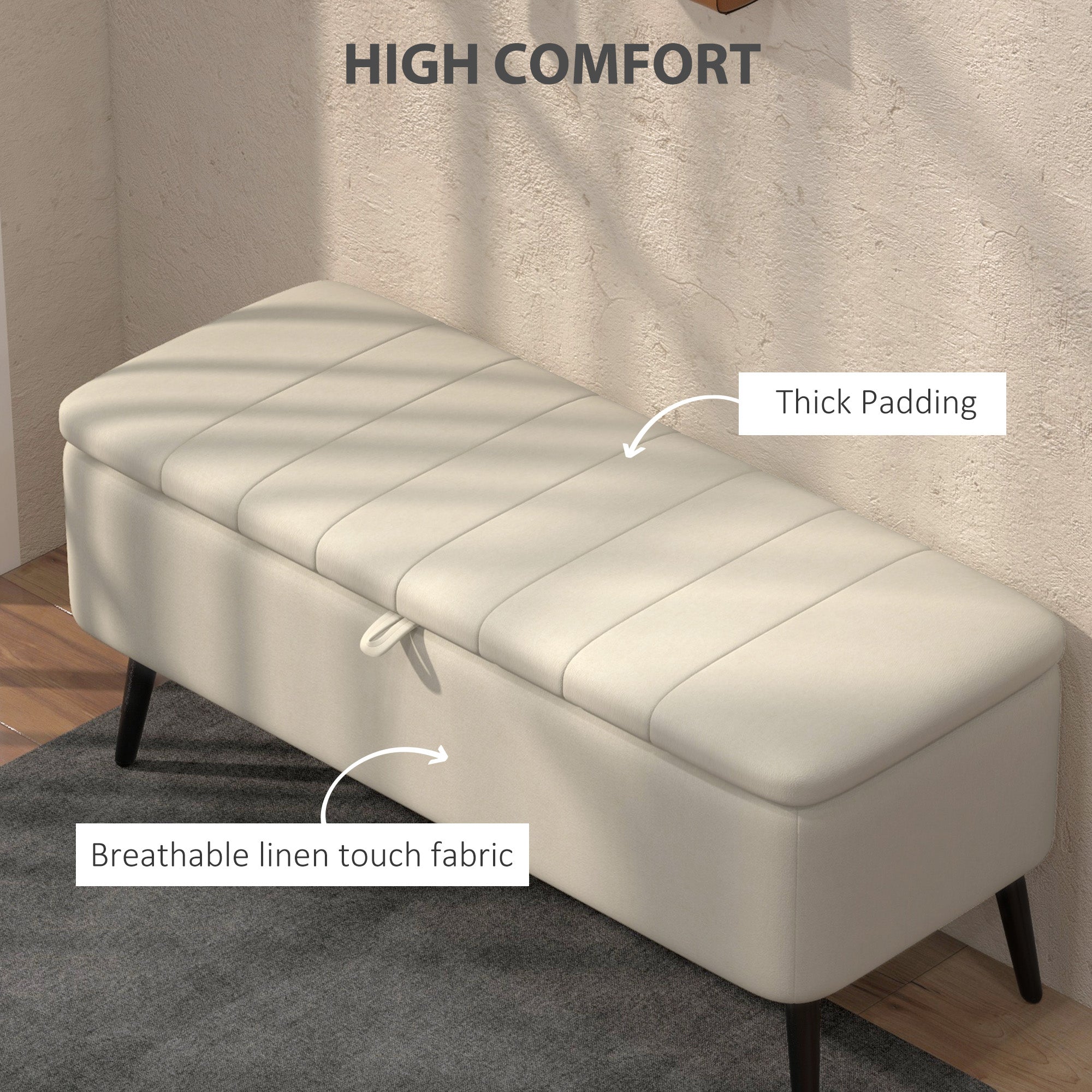 HOMCOM Linen-Look 92 x 31cm Storage Ottoman - Cream White