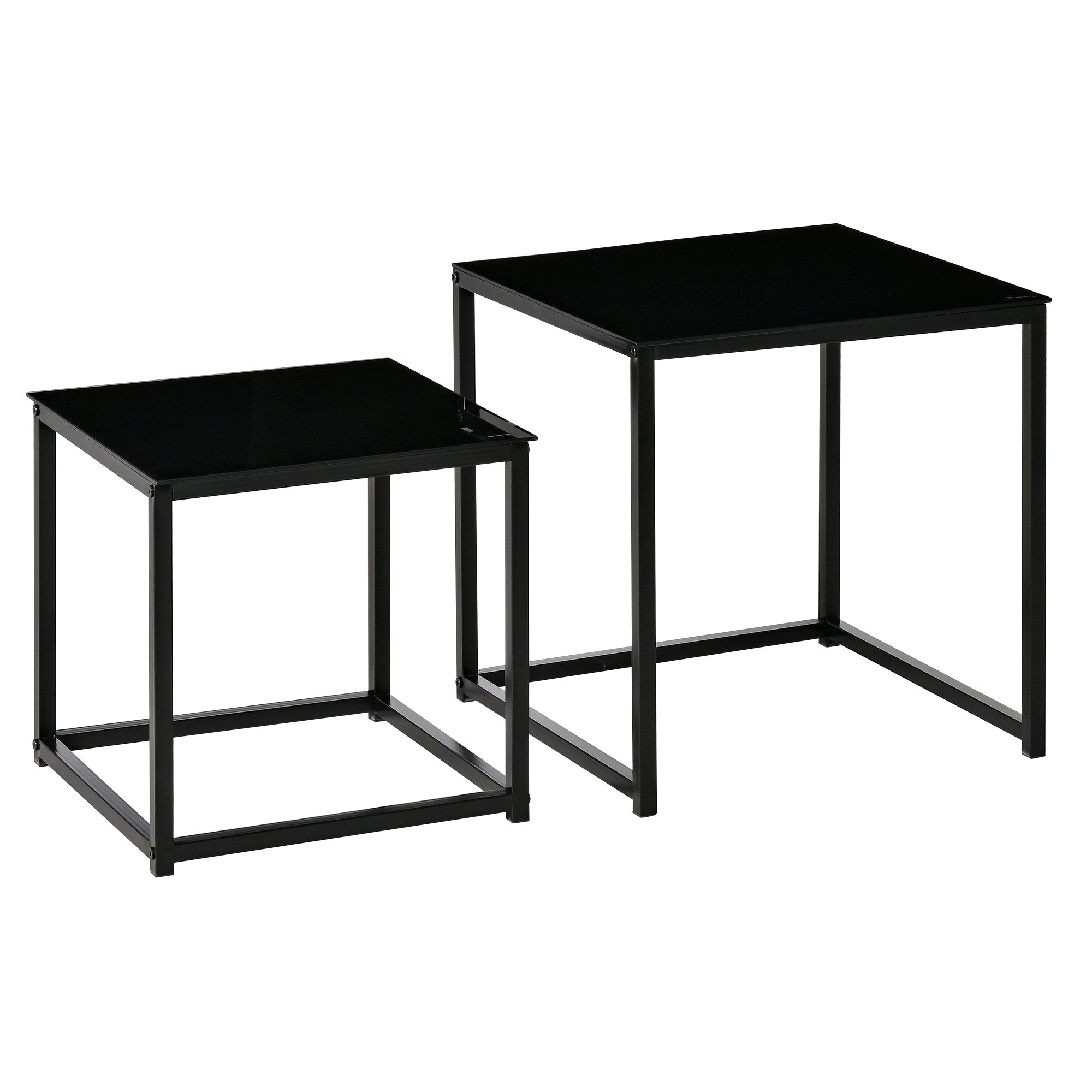 HOMCOM Nest of Tables, Set of 2 Coffee Table, Side Tables with Tempered Glass Desktop and Metal Frame for Living Room, Bedroom, Office, Black