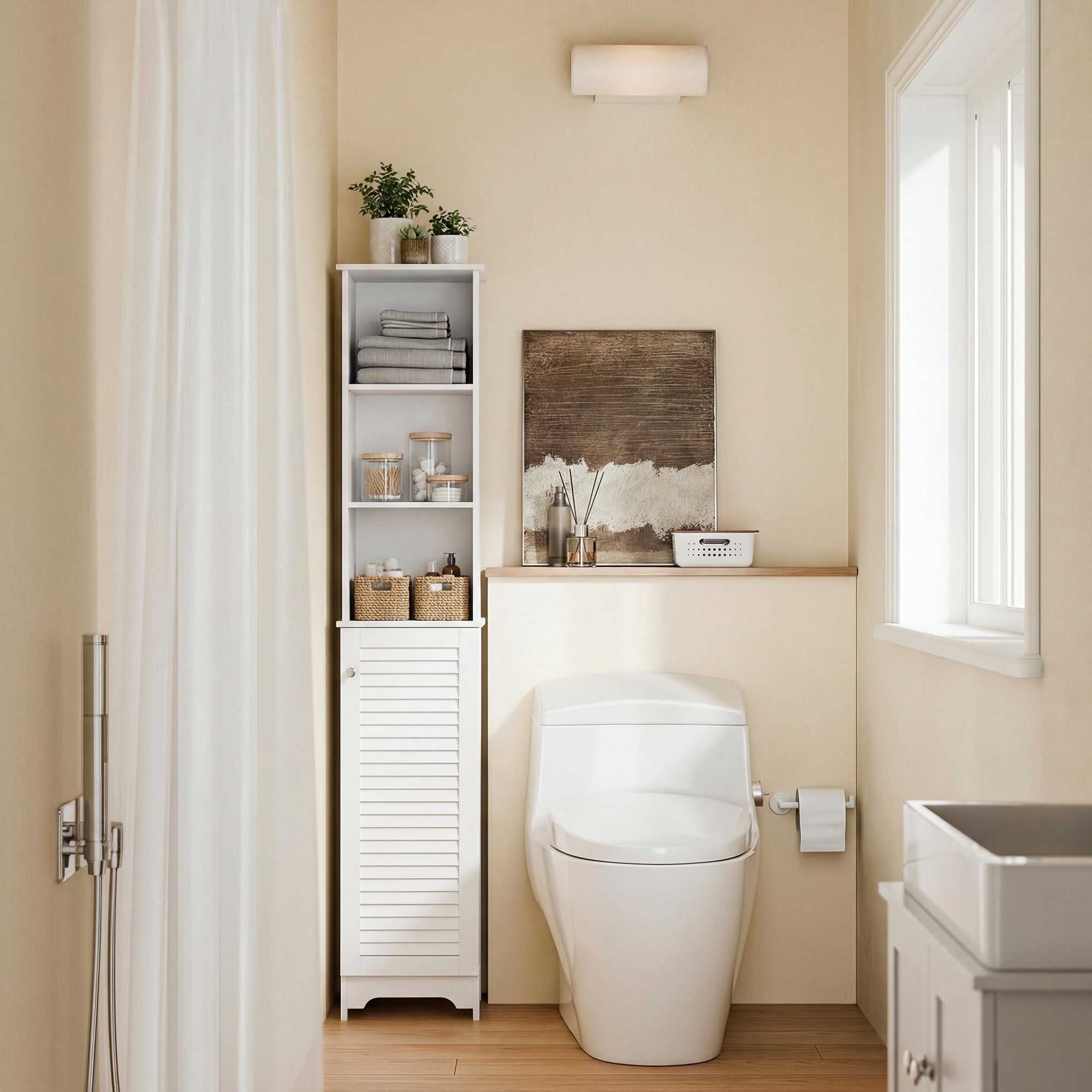 HOMCOM Tall Bathroom Cabinet Storage Cupboard Floor Standing Home Bathroom Furniture w/ 6 Shelves 165H x 34W x 20D cm White