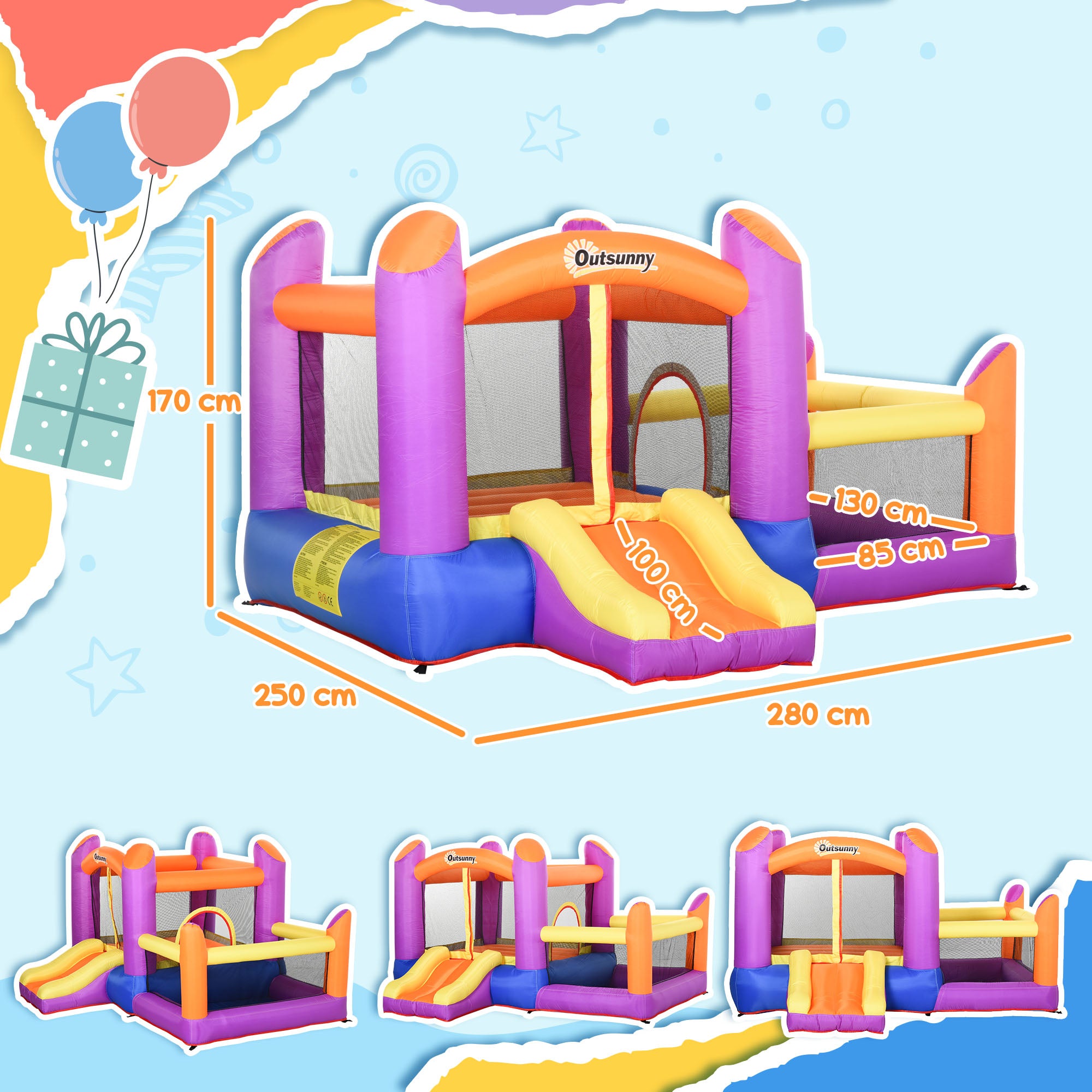 Outsunny Kids Bouncy Castle House Inflatable Trampoline Slide Water Pool 3 in 1 with Blower for Kids Age 3-8 Multi-color 2.8 x 2.5 x 1.7m - North Peak Garden Furniture