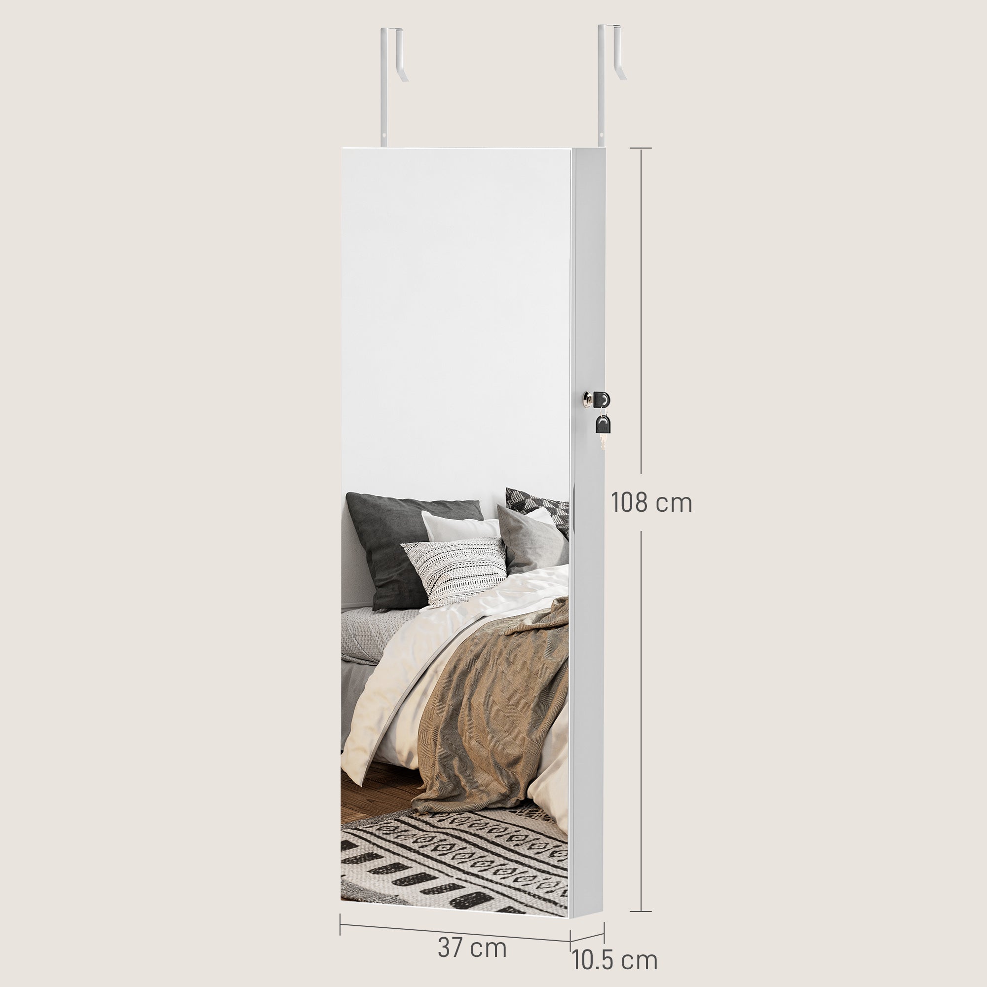 HOMCOM 108 x 37cm Lockable Jewellery Cabinet, with LED Lights - White Surface and Black Lining - North Peak Garden Furniture