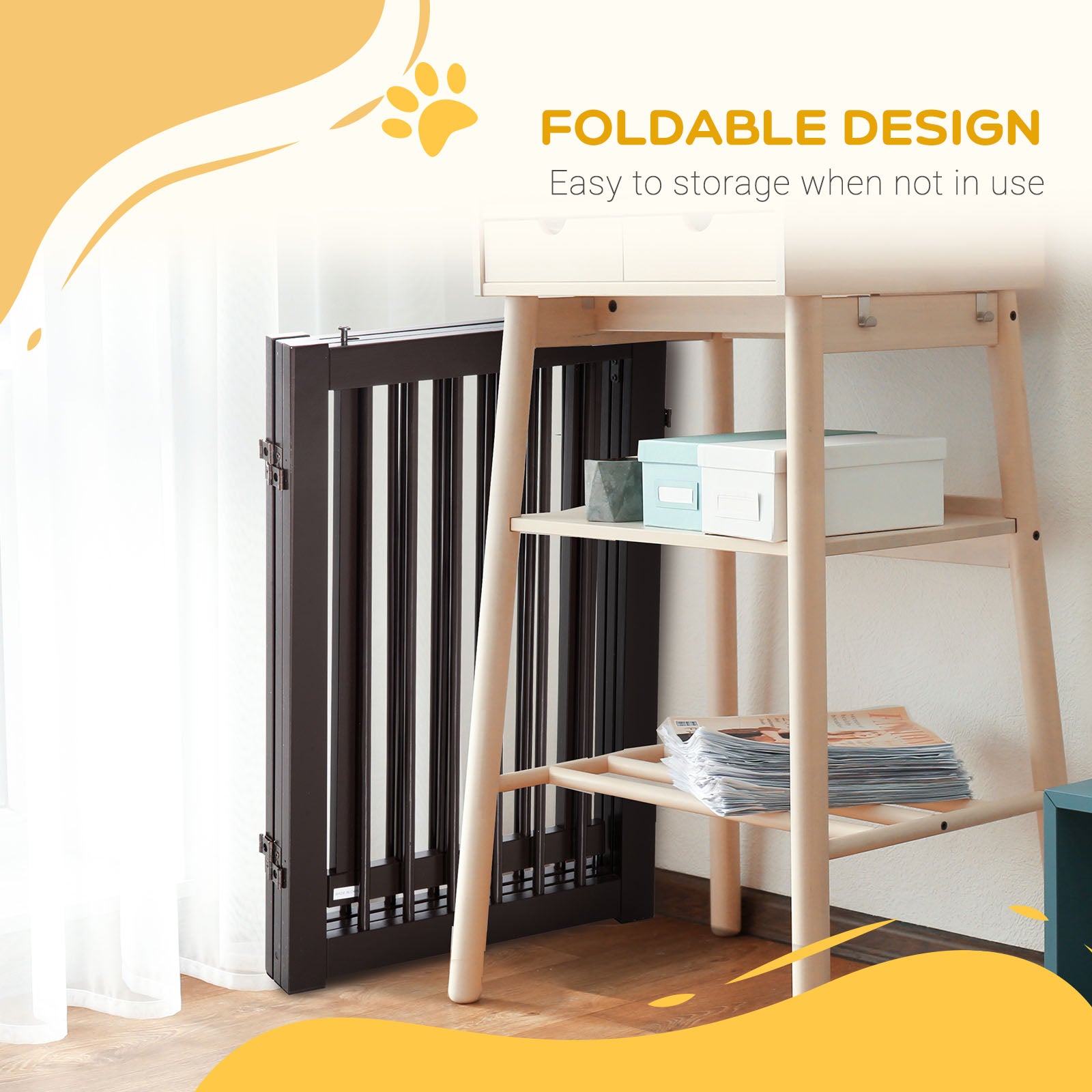 PawHut Freestanding Dog Gate, Foldable Pet Fence, Indoor Barrier, Stair Gate with Support Feet, 155 x 76 cm, Brown - North Peak Garden Furniture
