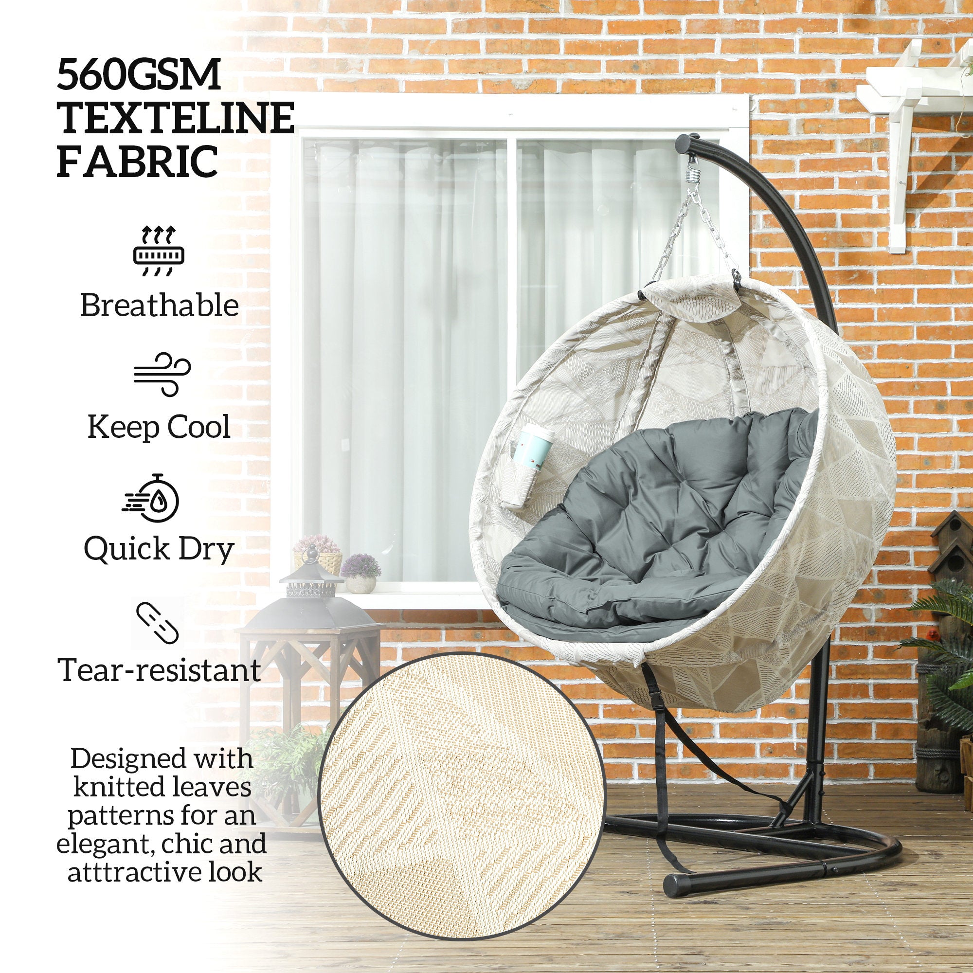 Outsunny Hanging Egg Chair Outdoor Indoor Garden Swing Chair with Folding Basket, Garden Hanging Chair with Stand, Thickened Cushion, Cup Holder for Patio, Balcony, Grey