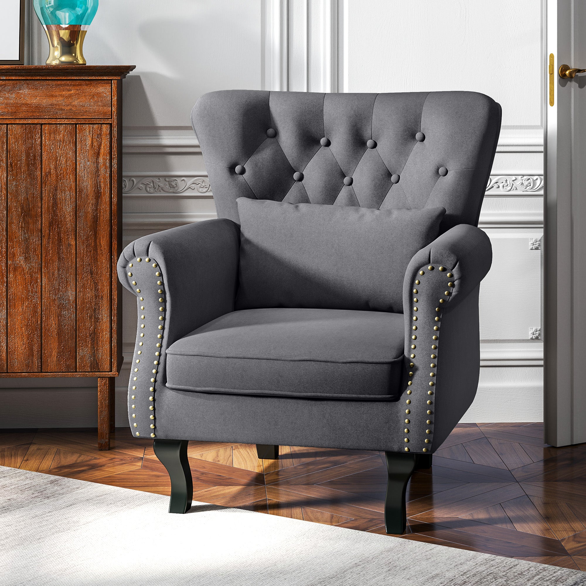 HOMCOM Chesterfield-Style Accent Chair - Grey - North Peak Garden Furniture