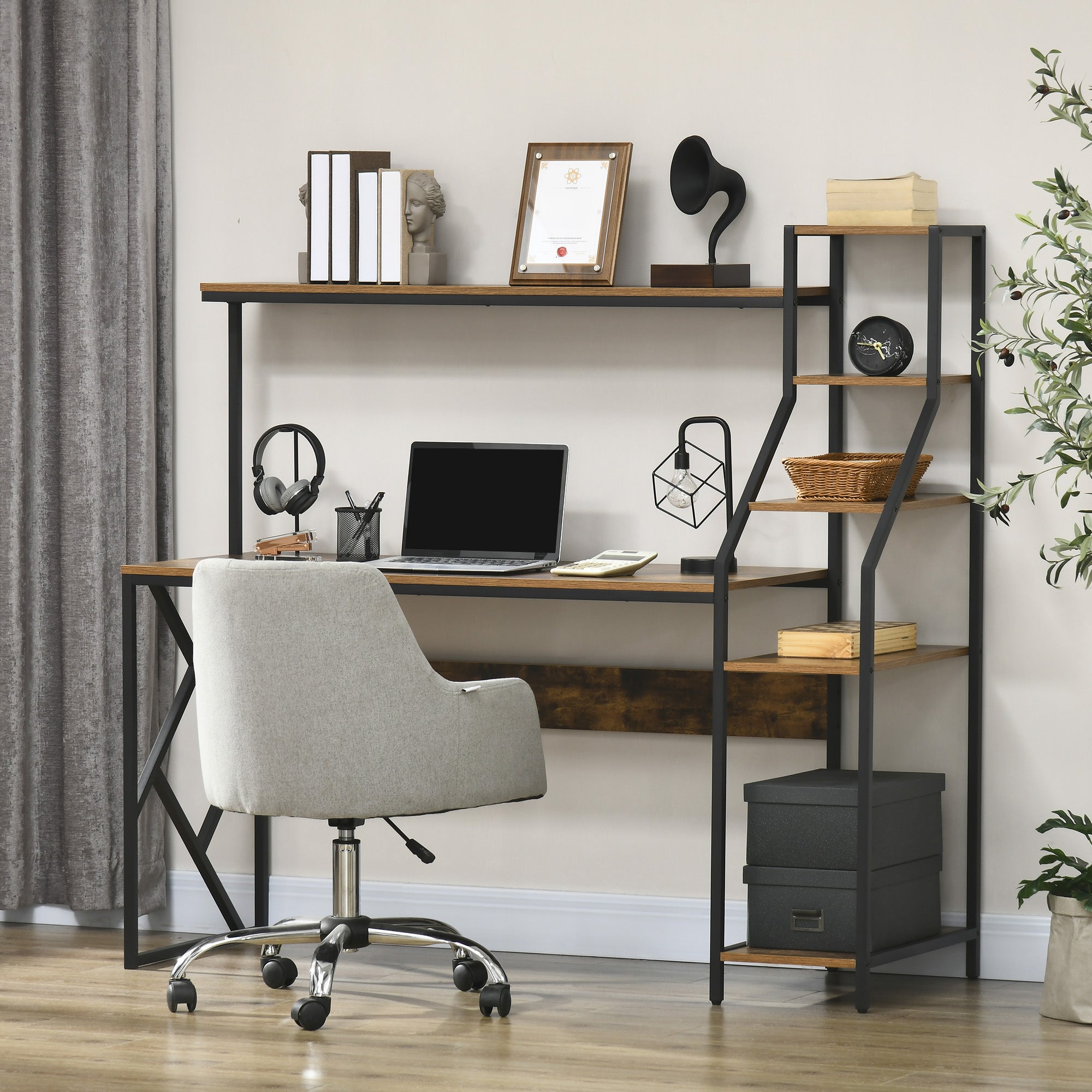 HOMCOM Computer Desk with Bookshelf, Industrial Writing Table with 6 Tier Storage Shelves for Home Office, Bedroom, Study, 150 x 55 x 138cm, Rustic Brown - North Peak Garden Furniture