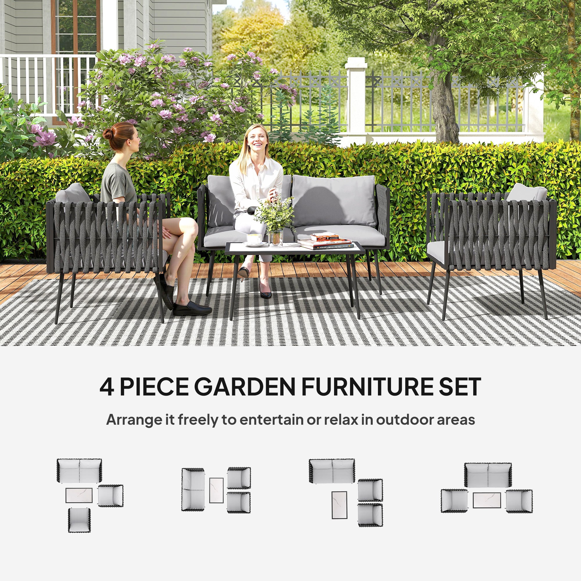 Outsunny 4-Piece Garden Furniture Set with Cushions - Light Grey - North Peak Garden Furniture
