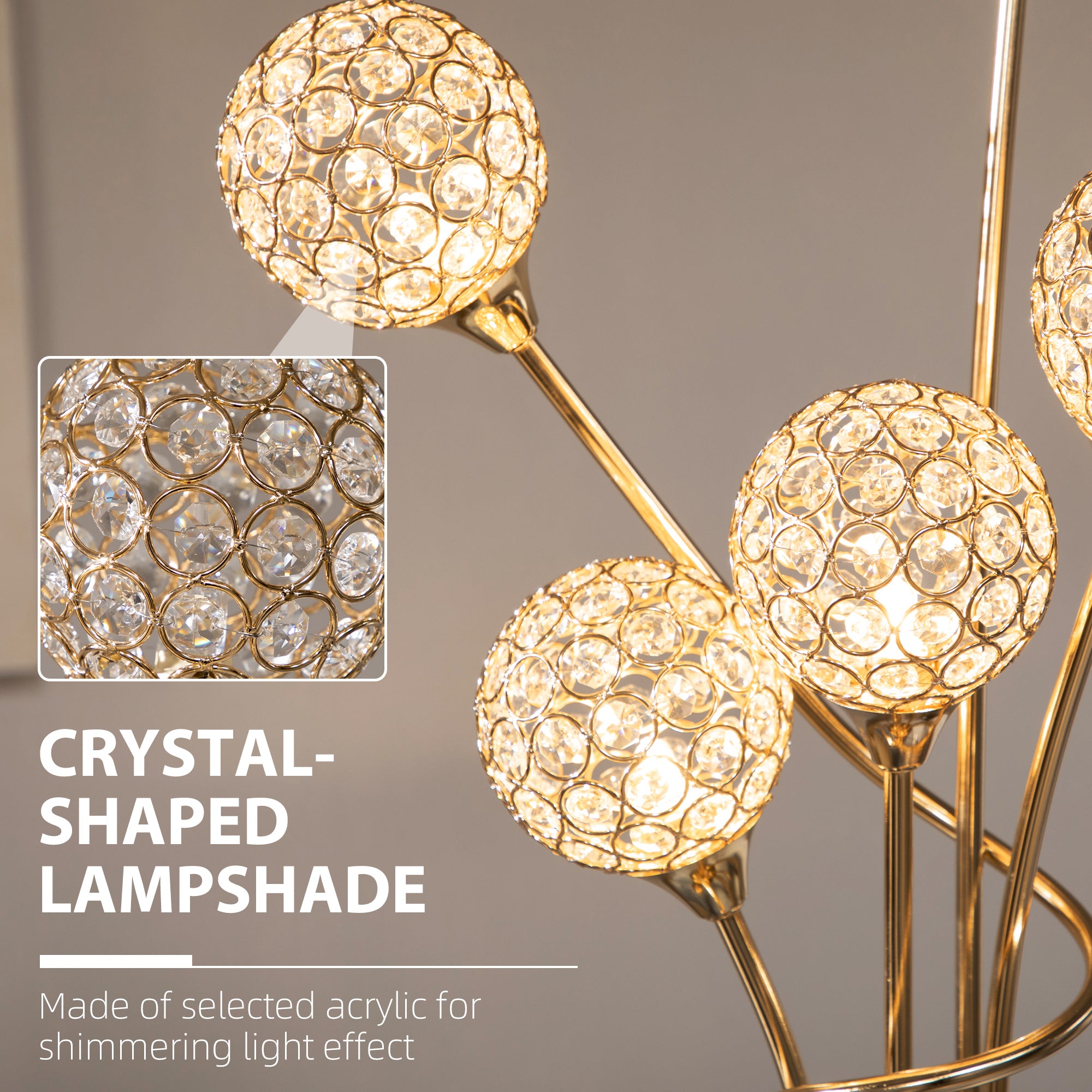 HOMCOM Crystal Floor Lamps for Living Room Bedroom with 5 Light, Modern Upright Standing Lamp, 34x25x156cm, Gold Tone - North Peak Garden Furniture