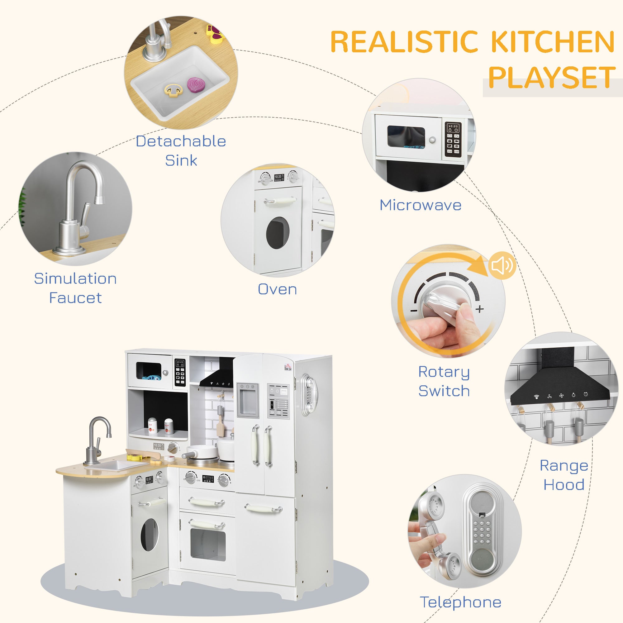 HOMCOM Kids Kitchen Playset, Large Pretend Role Play Kitchen, White - North Peak Garden Furniture