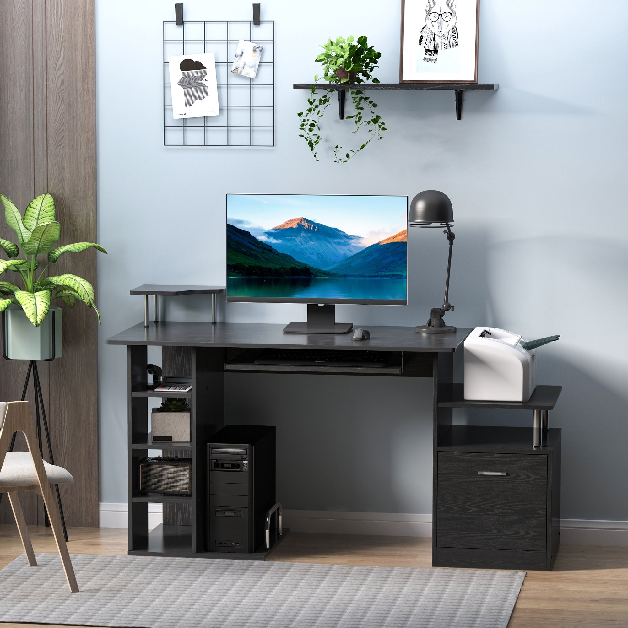 HOMCOM Computer Desk PC Workstation with Drawer Shelves CPU Storage Rack Home Office Furniture 152 x 60 x 88cm (BLACK) - North Peak Garden Furniture