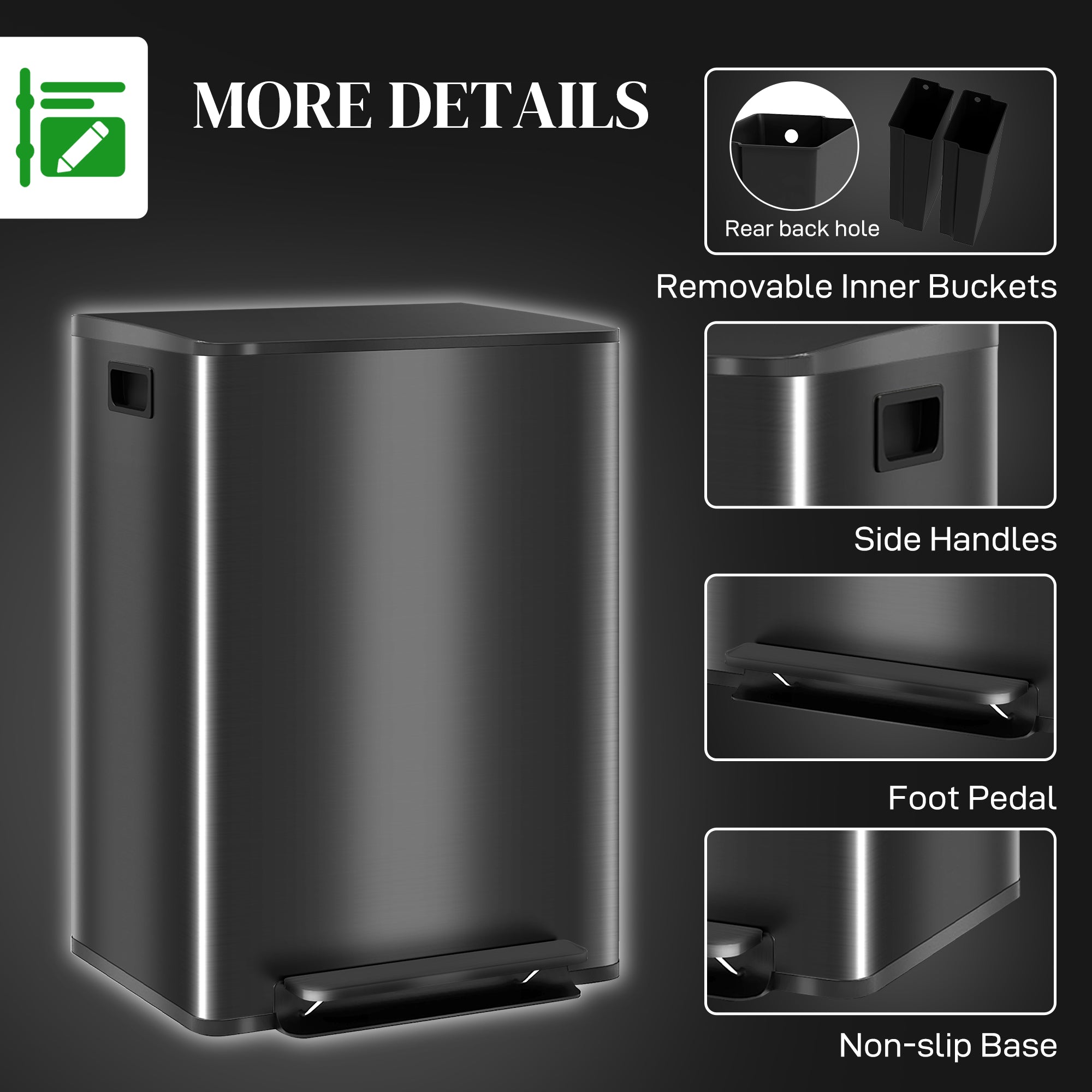 HOMCOM 60L Dual Compartment Stainless Steel Bin, with Deodoriser Holders - Black - North Peak Garden Furniture