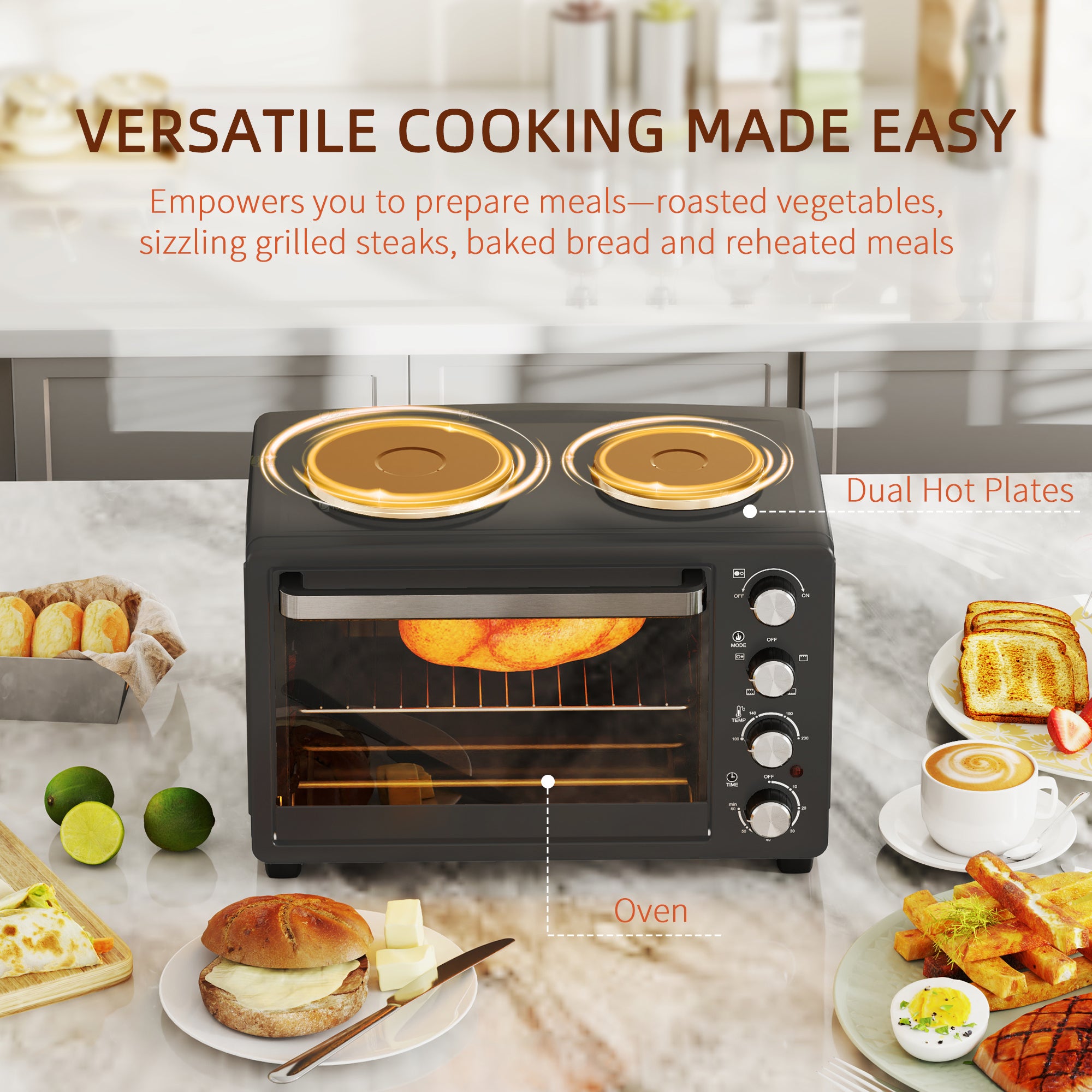 HOMCOM 28L Mini Oven with 2 Hot Plates, Countertop Toaster Oven, Grill, Roast, Bake, Boil, with Timer, Adjustable Temperature, Electric Oven with Baking Tray, Grill Rack, Crumb Tray, 2600W, Black - North Peak Garden Furniture
