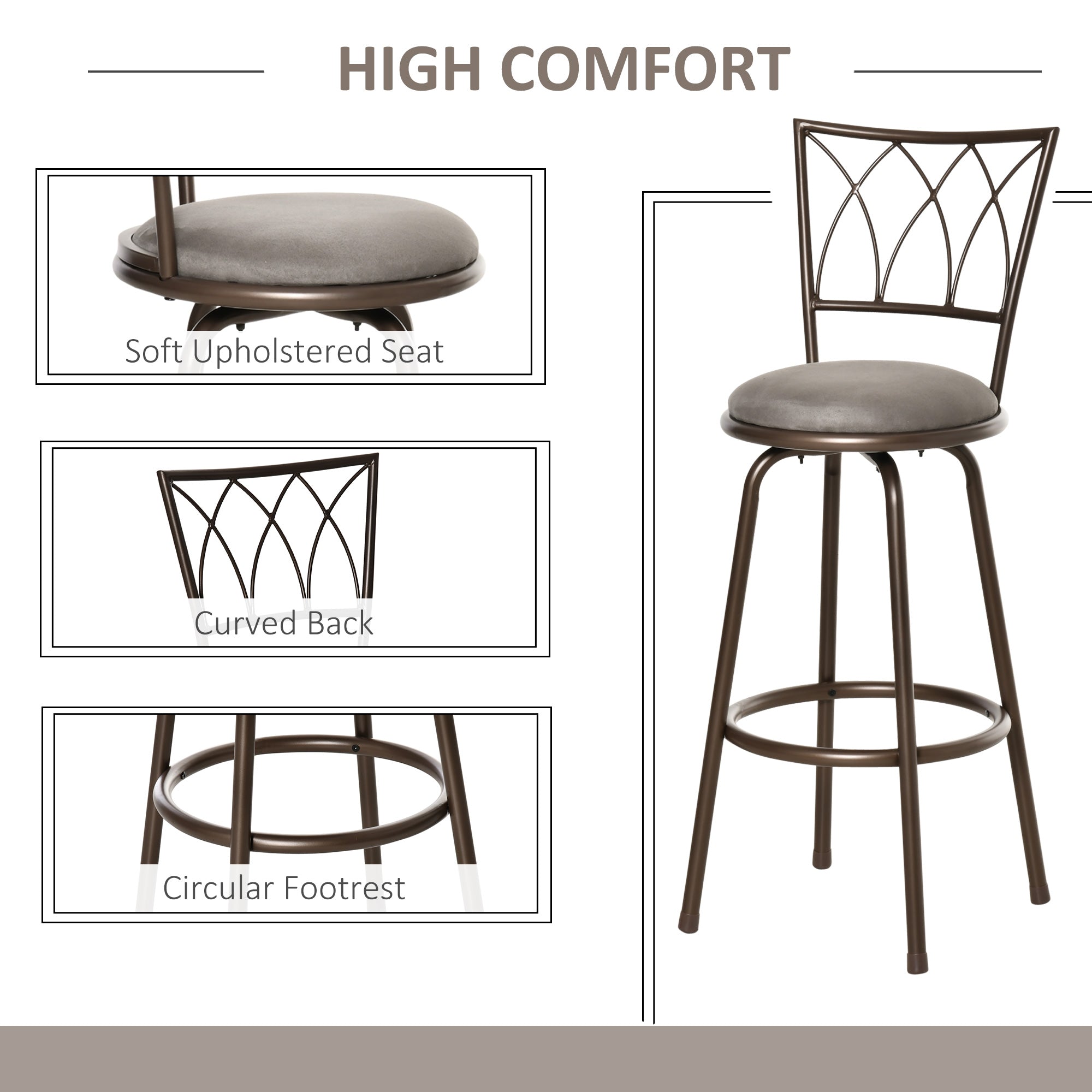 HOMCOM Set of 2 Bar Chairs Swivel Armless Upholstered Metal Frame Barstools with Backrest & Footrest, Bronze - North Peak Garden Furniture