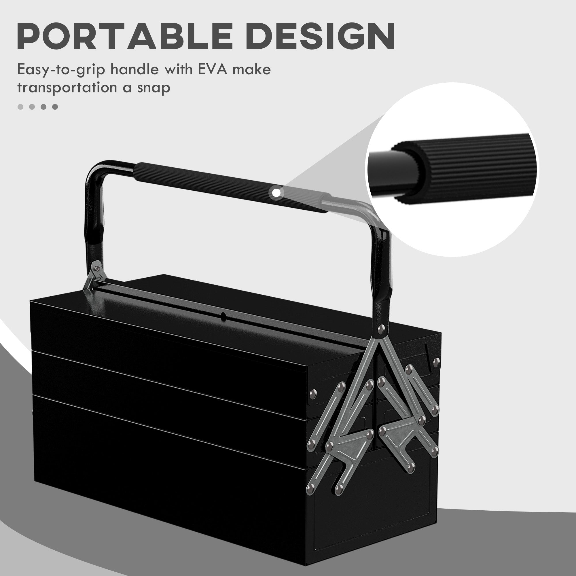DURHAND 3 Tier Metal Toolbox, 5 Tray Professional Portable Tool Box with Carry Handle for Workshop, 45cmx20cmx34.5cm, Black - North Peak Garden Furniture