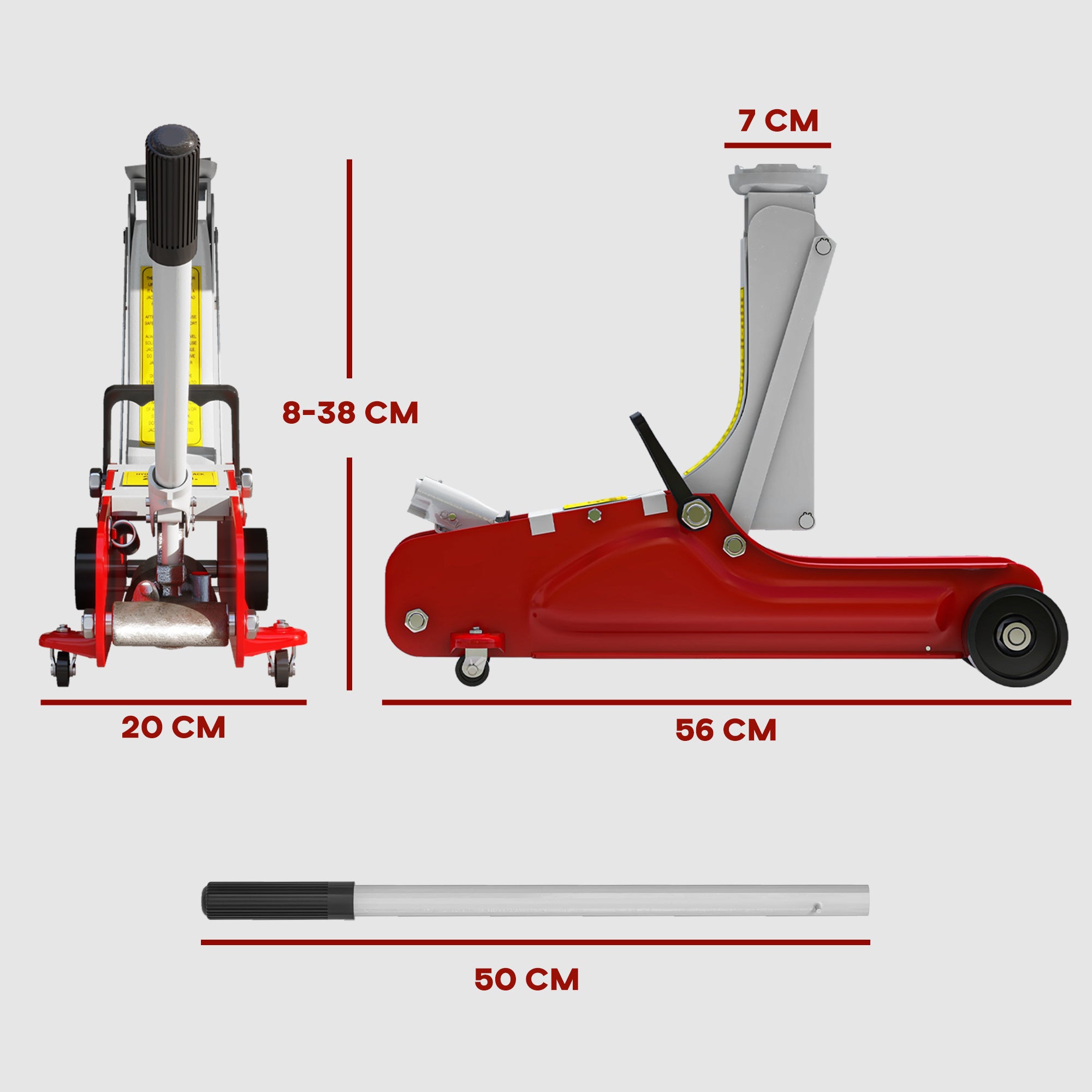 HOMCOM Low Profile Jack, Hydraulic Racing Floor Jack, 8-38cm Lifting Range, 2.5 Ton Capacity, Red - North Peak Garden Furniture