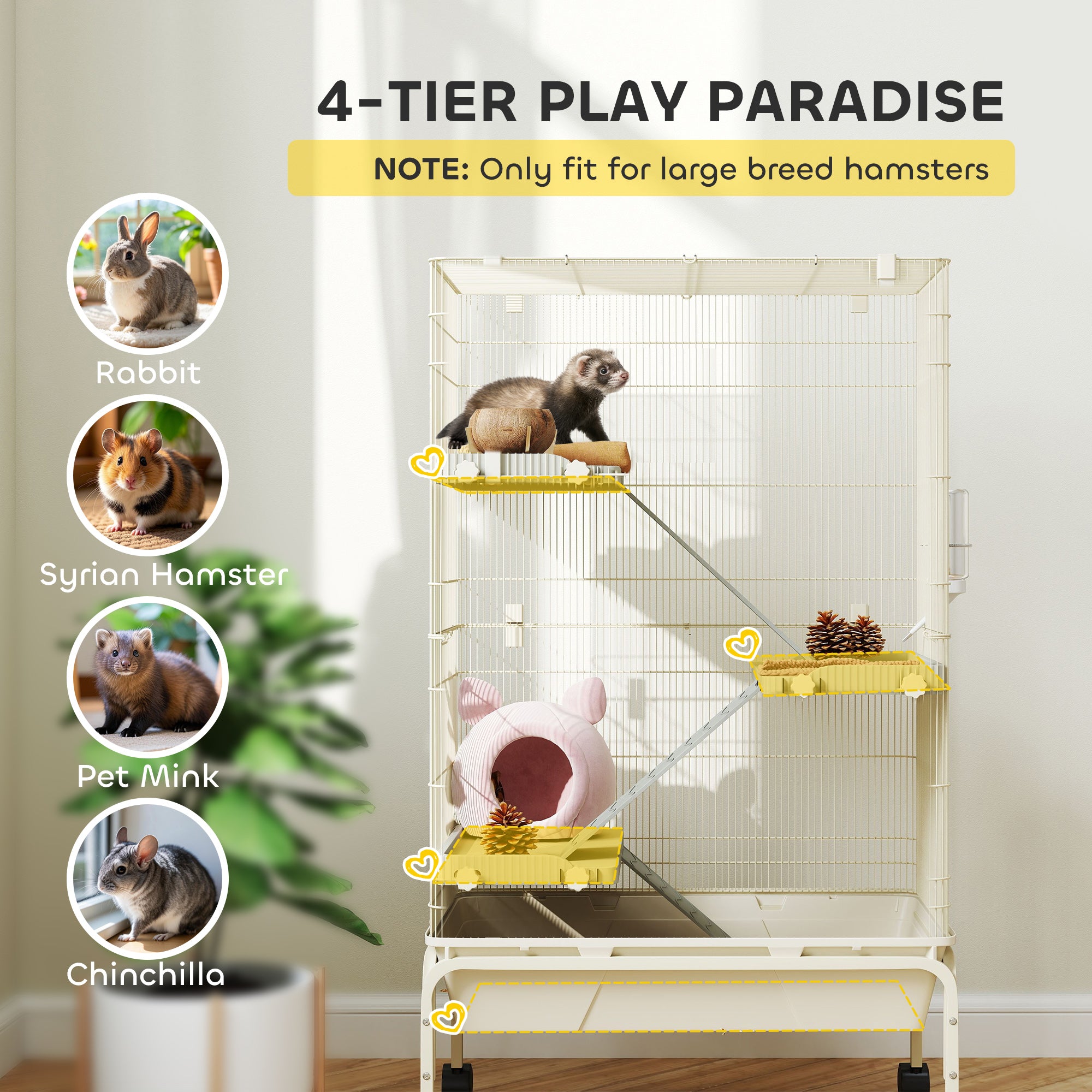 PawHut 4 Levels Rolling Small Animal Cage, Rabbit Cage with 3 Ramps, Water Bottle, Food Dish, 15cm Deep Tray, Beige - North Peak Garden Furniture