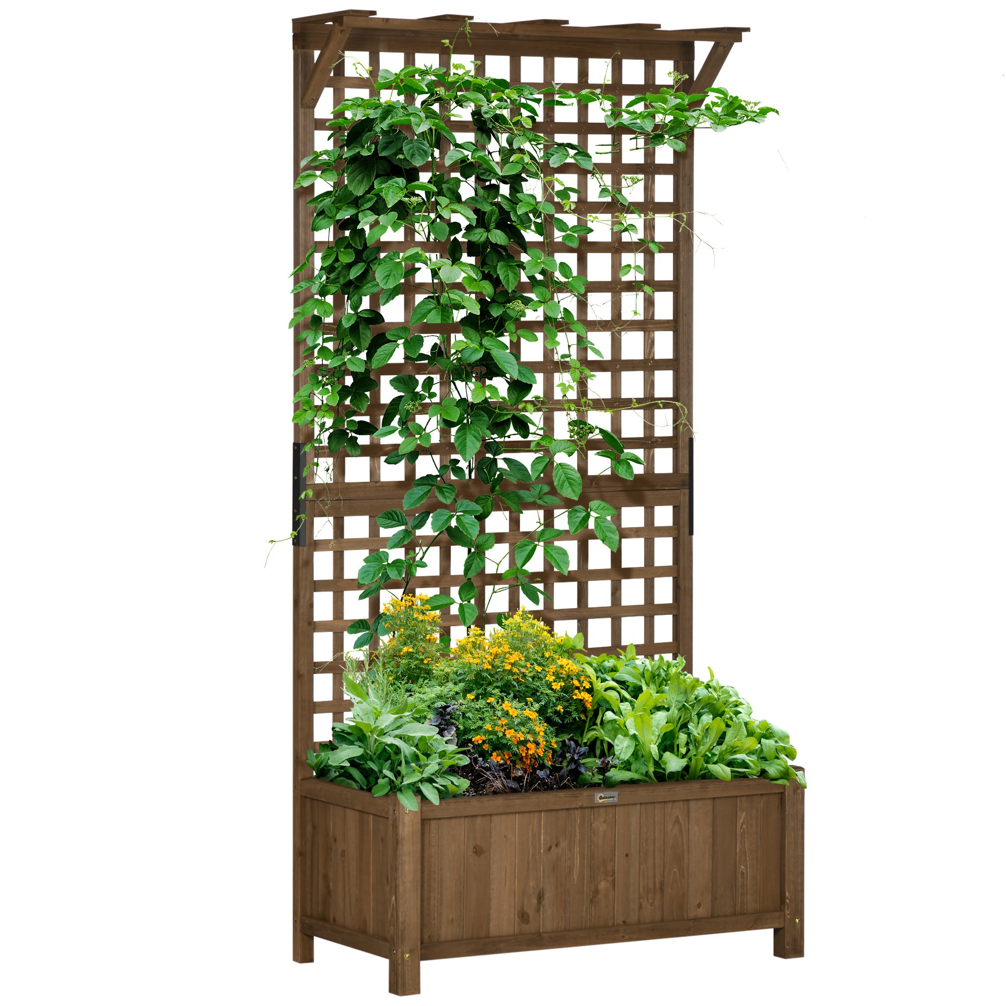 Outsunny Raised Bed with Drainage Holes, Wood Planter with Trellis for Climbing Plants to Grow Vegetables, Flowers, Brown