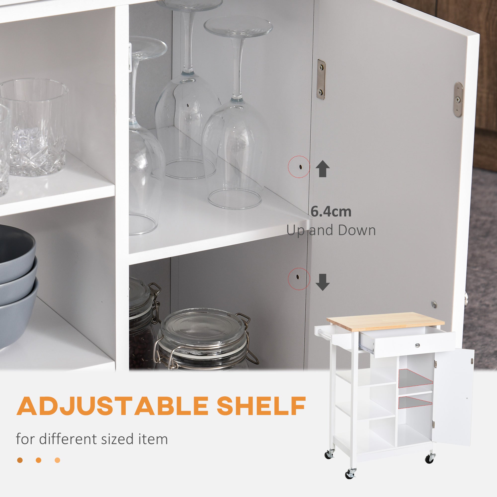 HOMCOM Kitchen Trolley, Kitchen Island on Wheels, w/ Wood Top, 3 Shelves and Storage Cupboard, White - North Peak Garden Furniture