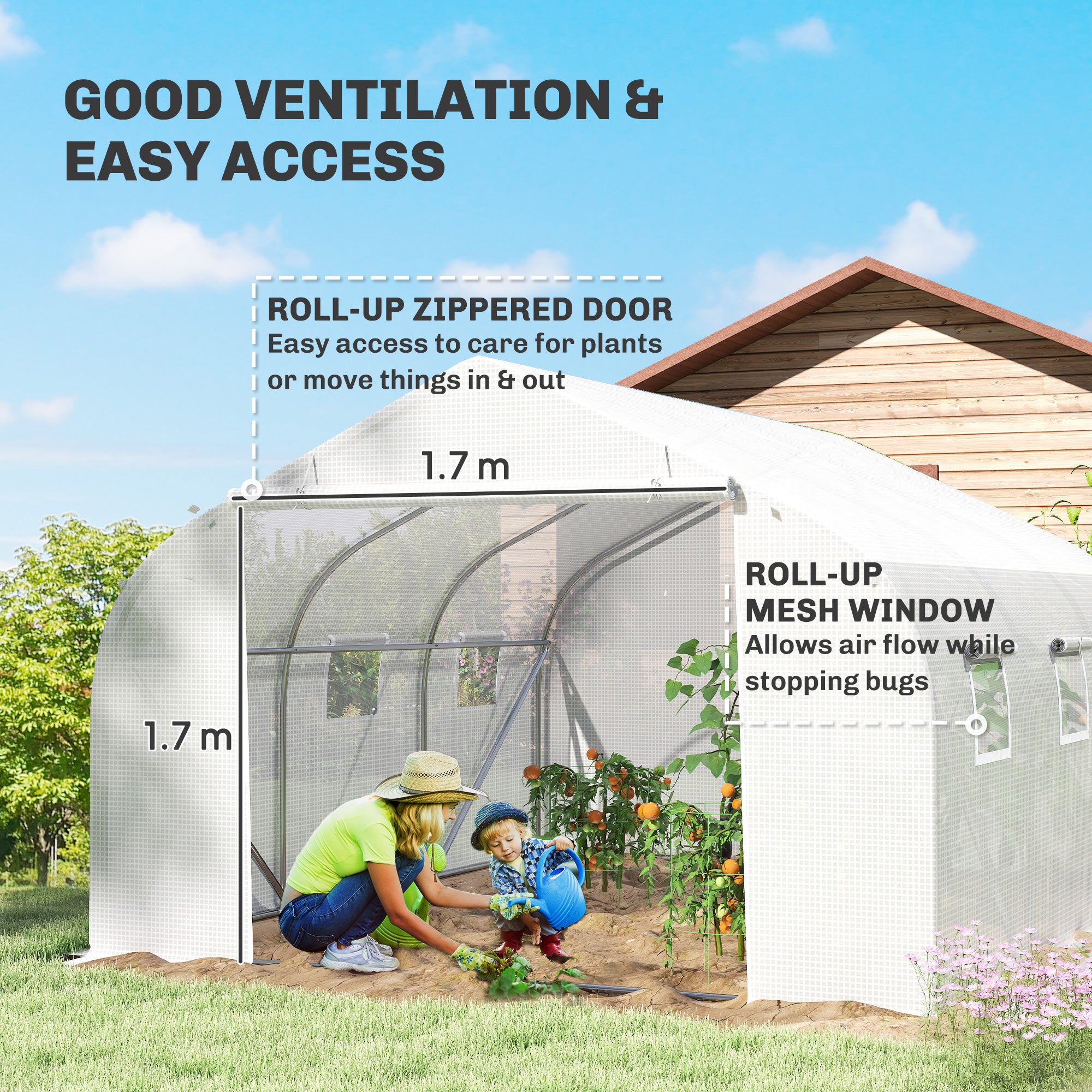 Outsunny Walk-In Polytunnel Greenhouse Warm House Garden Tunnel Shelter Plant Shed with Door and Windows, Galvanised Steel Frame, 4.5 x 3 x 2m, White
