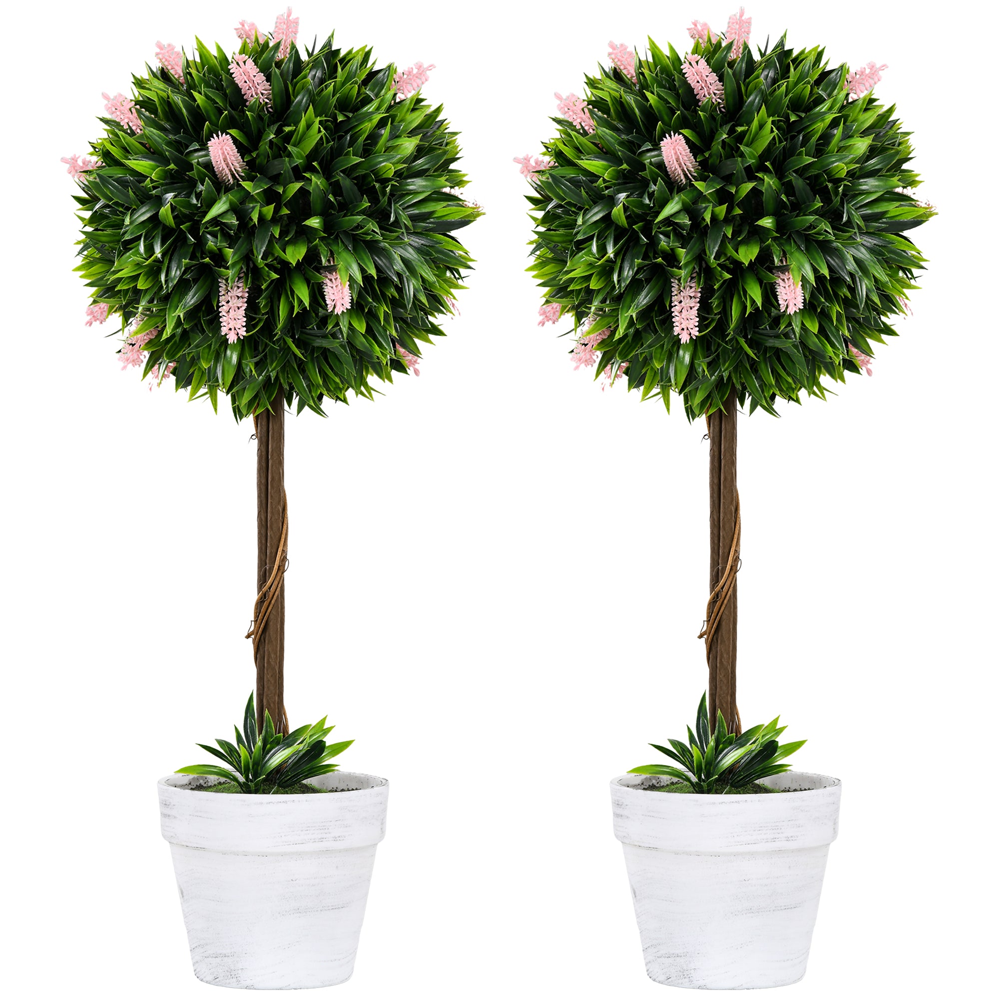HOMCOM Set of 2 Decorative Artificial Plants Ball Trees with Flower for Home Indoor Outdoor Decor, 60cm ,Pink - North Peak Garden Furniture