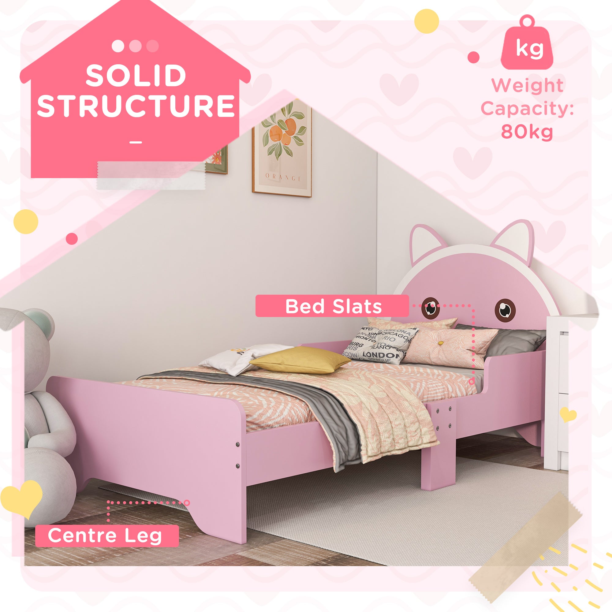 ZONEKIZ Bed for Kids Cat Design Toddler Bed Frame Bedroom Furniture with Guardrails, for 3-6 Years, 143L x 74W x 72Hcm - Pink - North Peak Garden Furniture