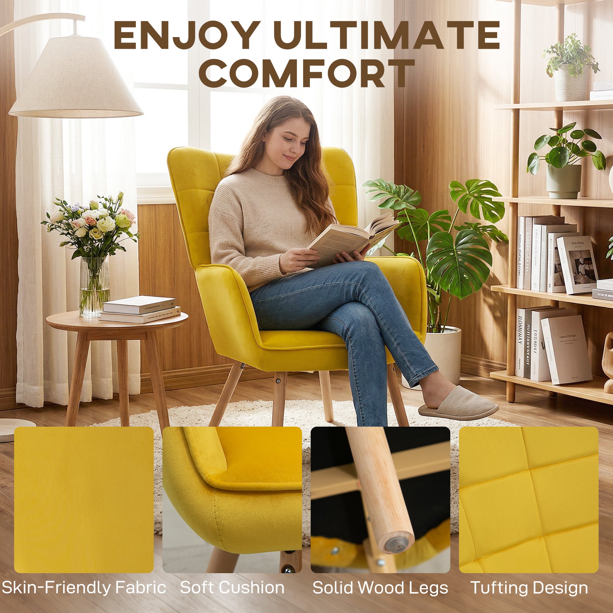 HOMCOM Modern Accent Chair Velvet-Touch Tufted Wingback Armchair Upholstered Leisure Lounge Sofa Club Chair with Wood Legs, Yellow