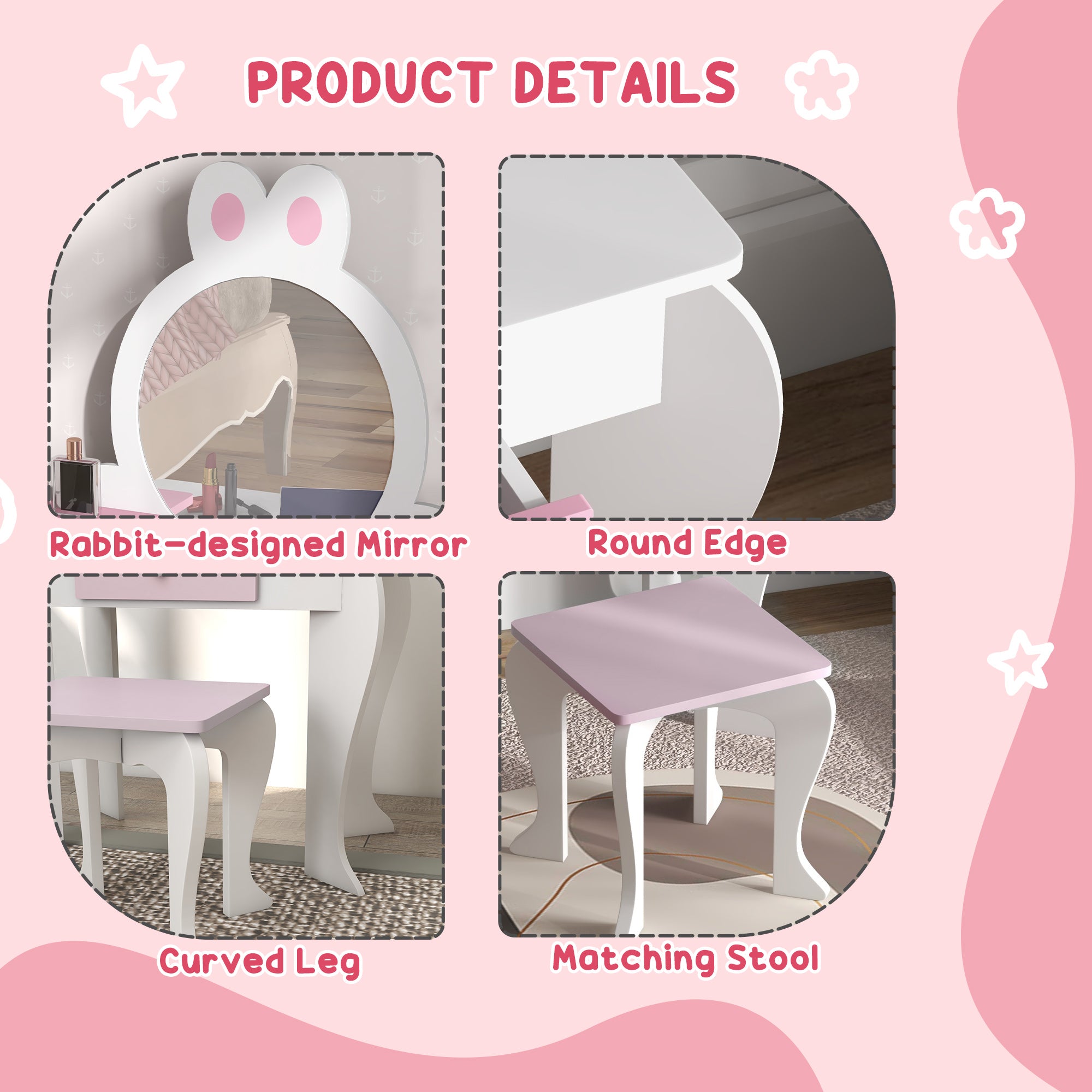 ZONEKIZ Bunny-Design Kids Dressing Table, with Mirror and Stool - White and Pink - North Peak Garden Furniture