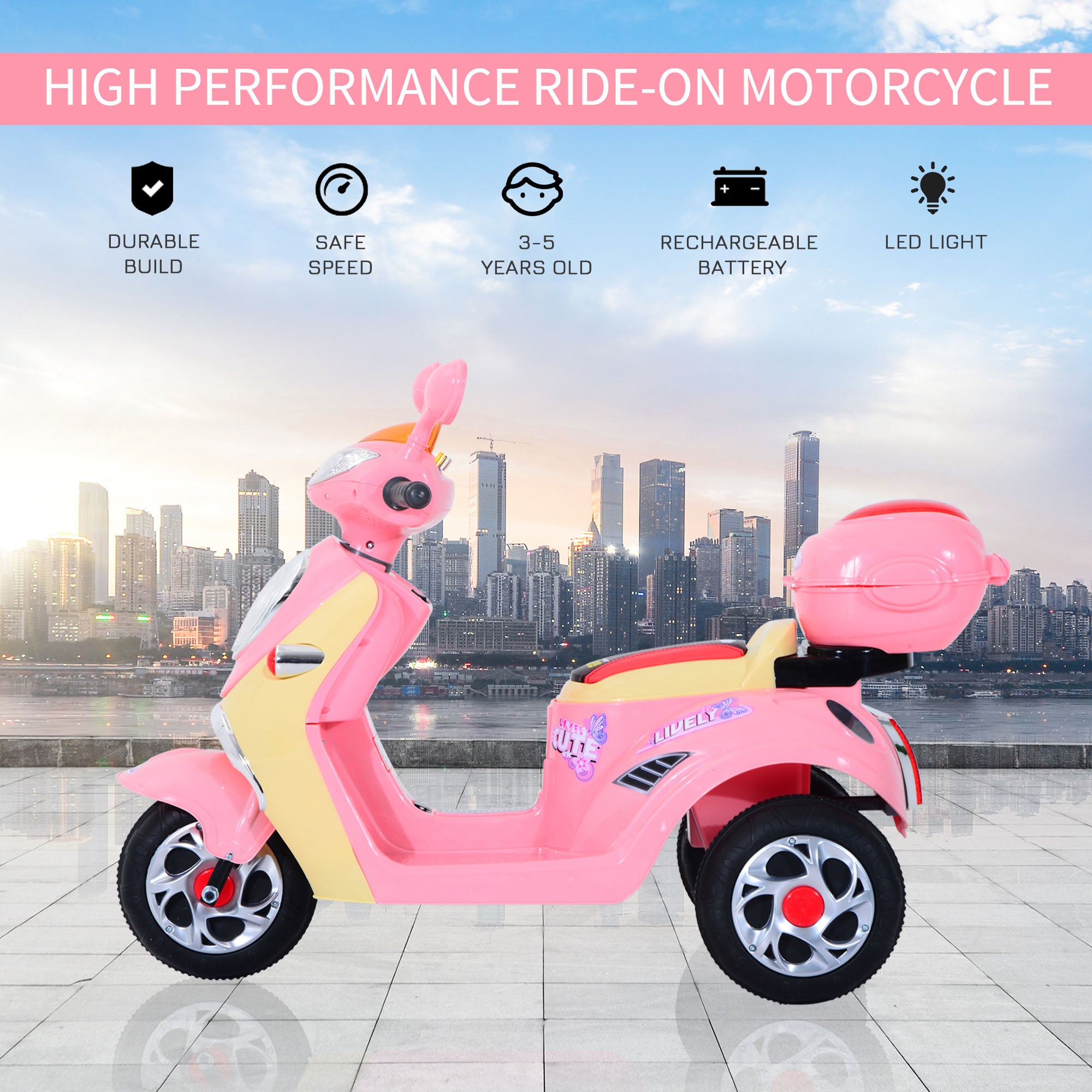 HOMCOM Kids Electric Ride On Toy Car 6V Electric Motorbike with Chargeable Battery Headlight and Music for 3-5 Years - Pink