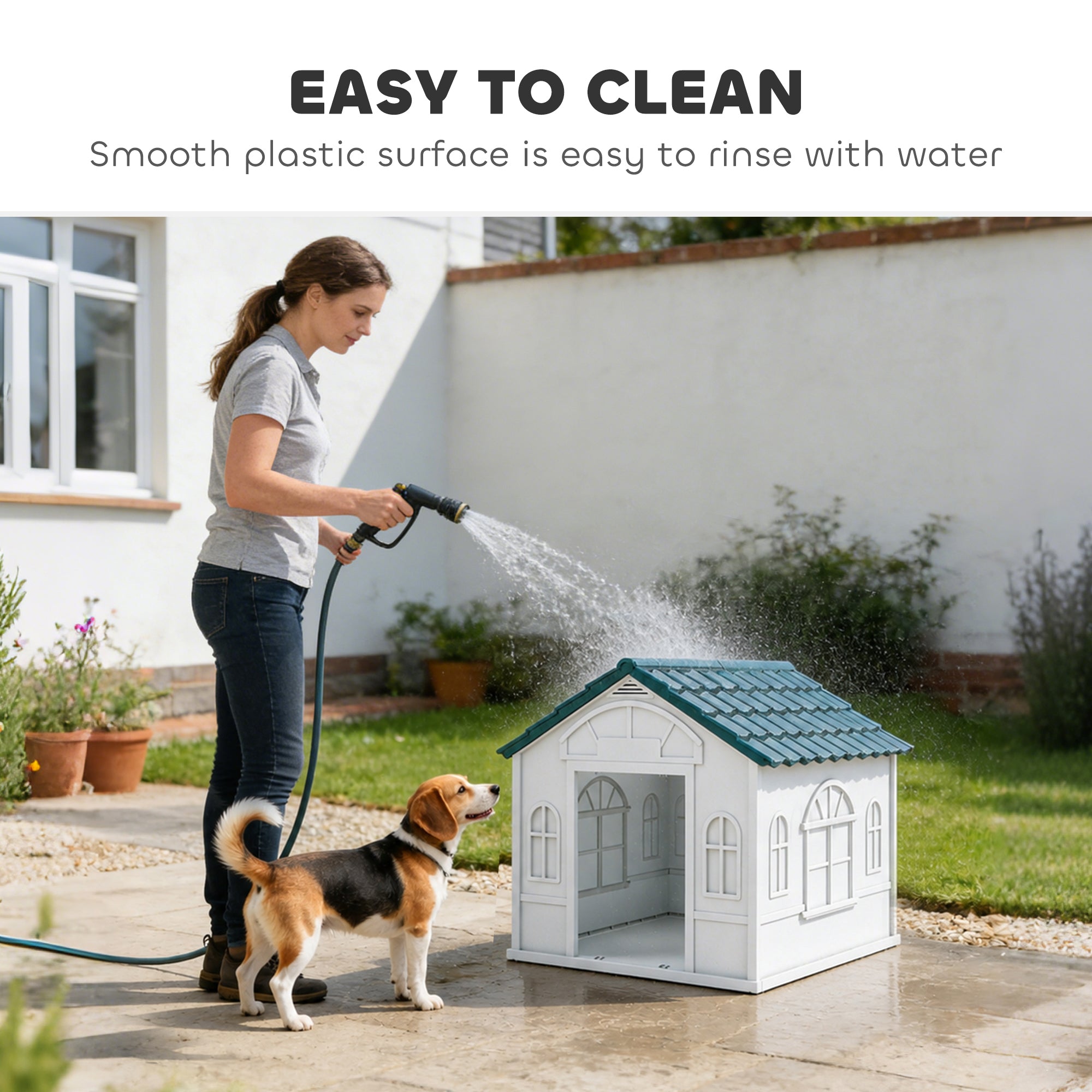 PawHut Plastic Weather-Resistant Dog House, for Indoors and Outdoors, Medium Dogs - White and Blue