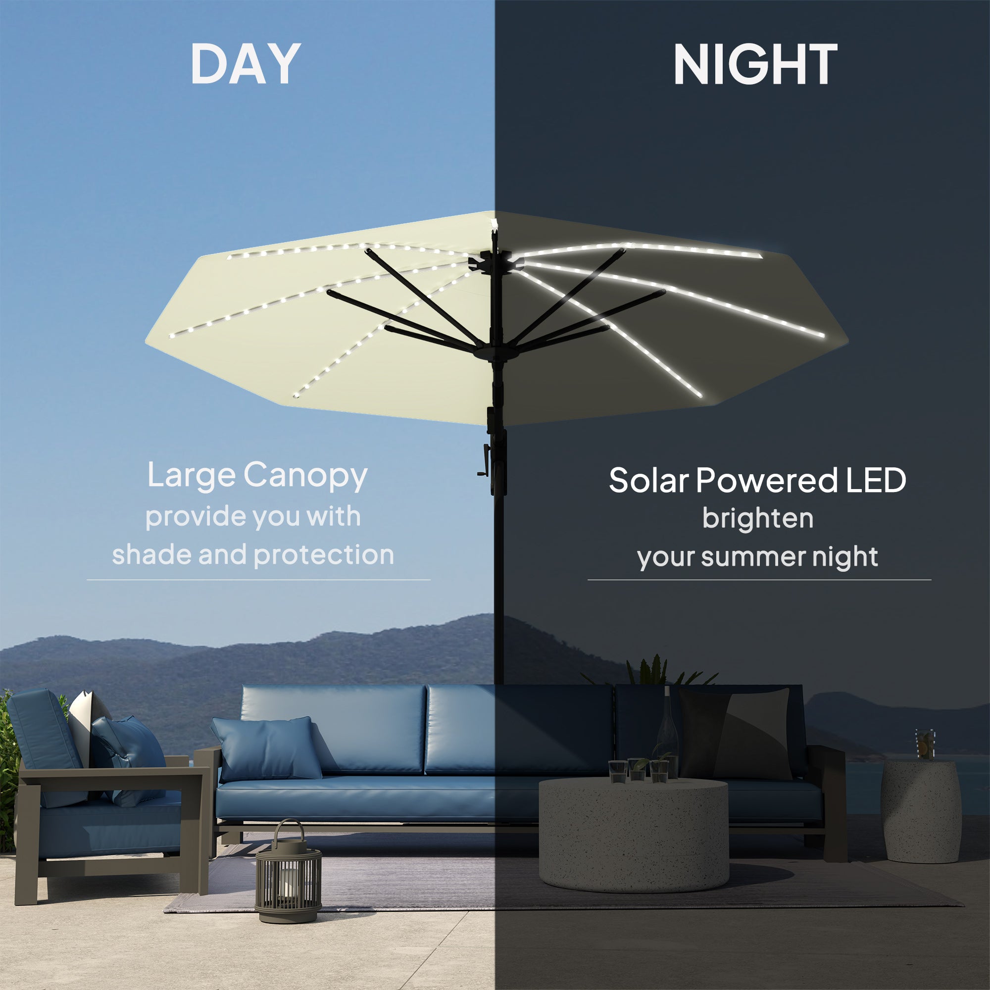 Outsunny 3(m) Cantilever Garden Parasol with Solar Powered Lights, Crank Handle & Cross Base, UPF 50+, 360° Rotation, Cream - North Peak Garden Furniture