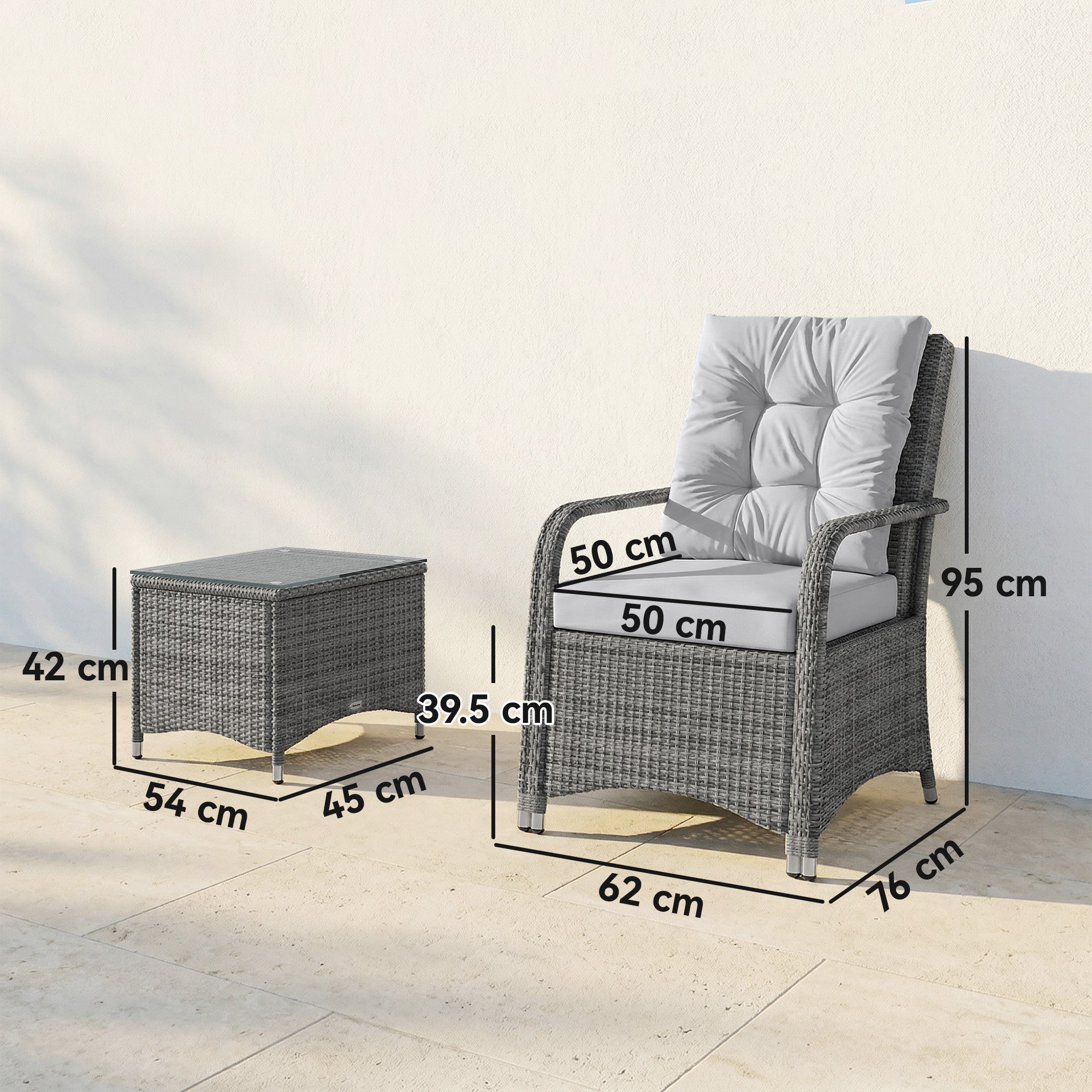 Outsunny 3 Pieces Rattan Bistro Set, Wicker Garden Furniture Set with Metal Frame, Cover, Glass Top Coffee Table, Light Grey