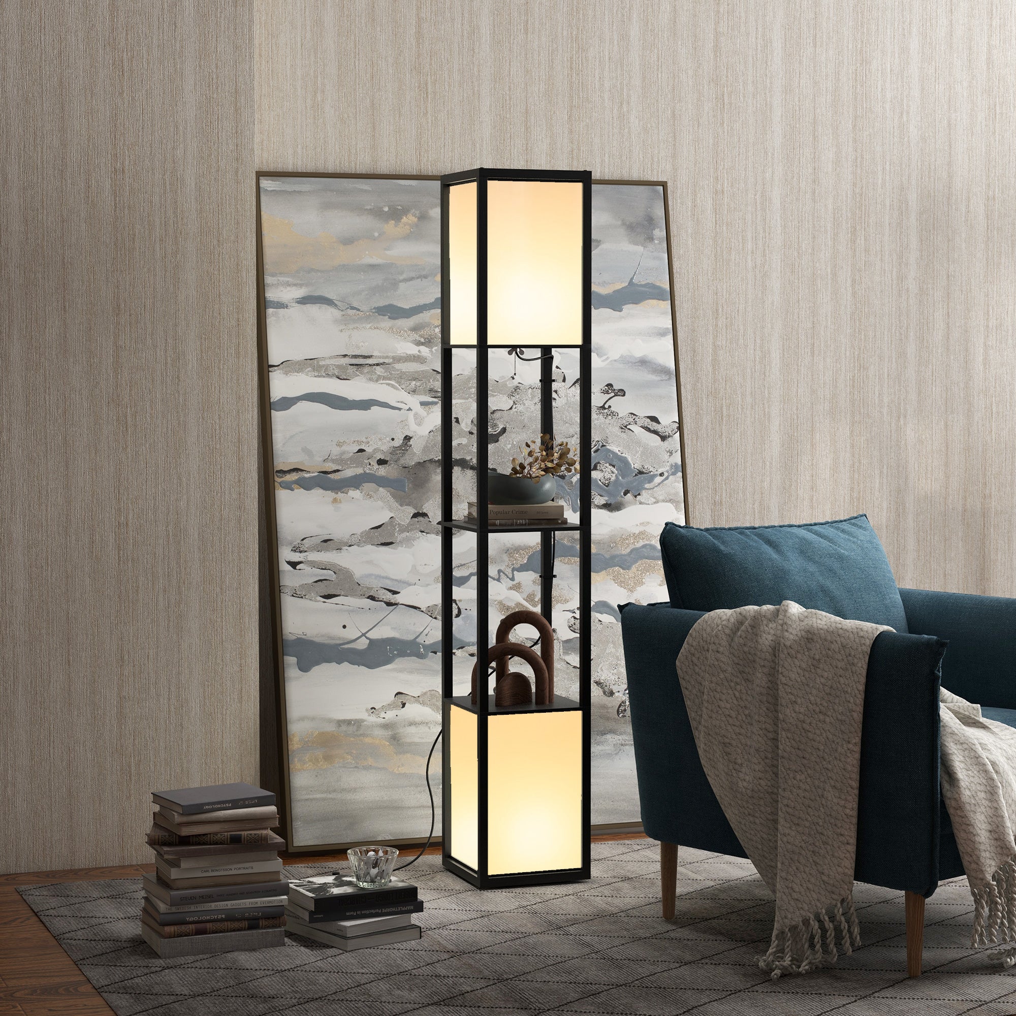 HOMCOM Modern Shelf Floor Lamp with Dual Ambient Light, Standing Lamp Living Room, Bedroom, 156cm, Black - North Peak Garden Furniture