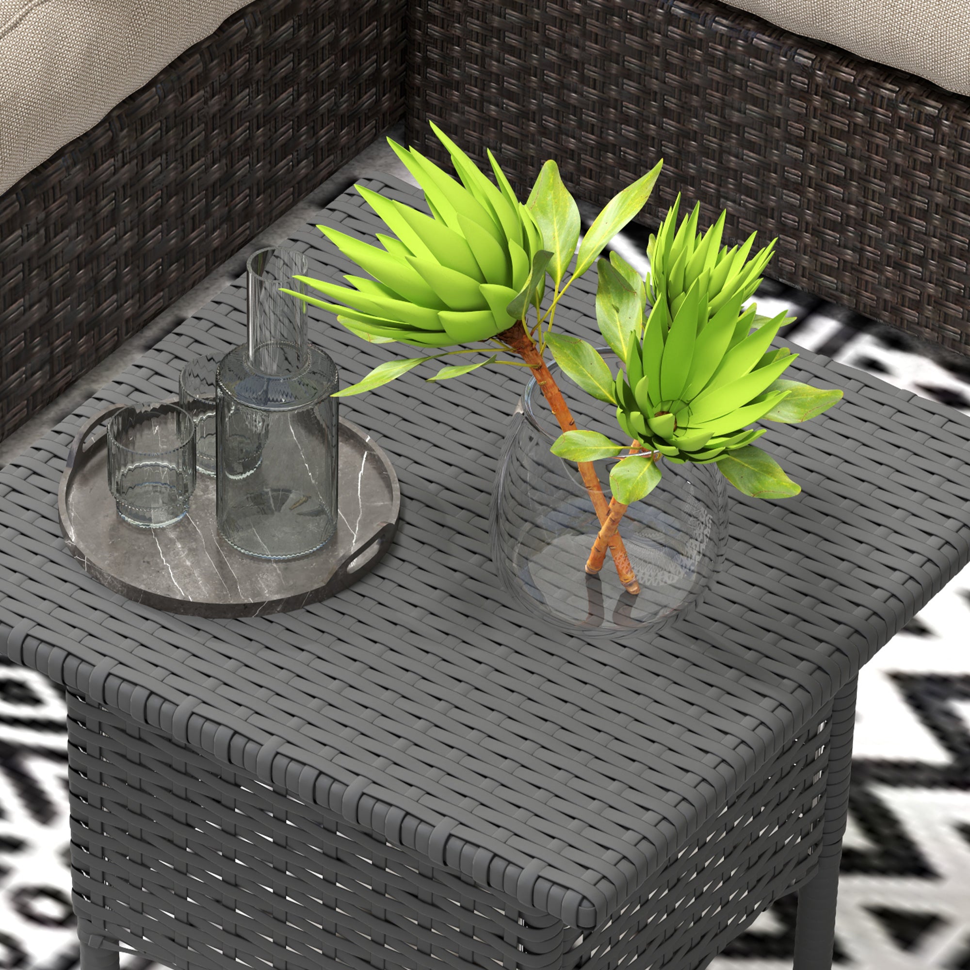 Outsunny Rattan Side Table, Outdoor Coffee Table with Plastic Board Under the Full Woven Table Top for Patio, Garden, Balcony, Grey - North Peak Garden Furniture