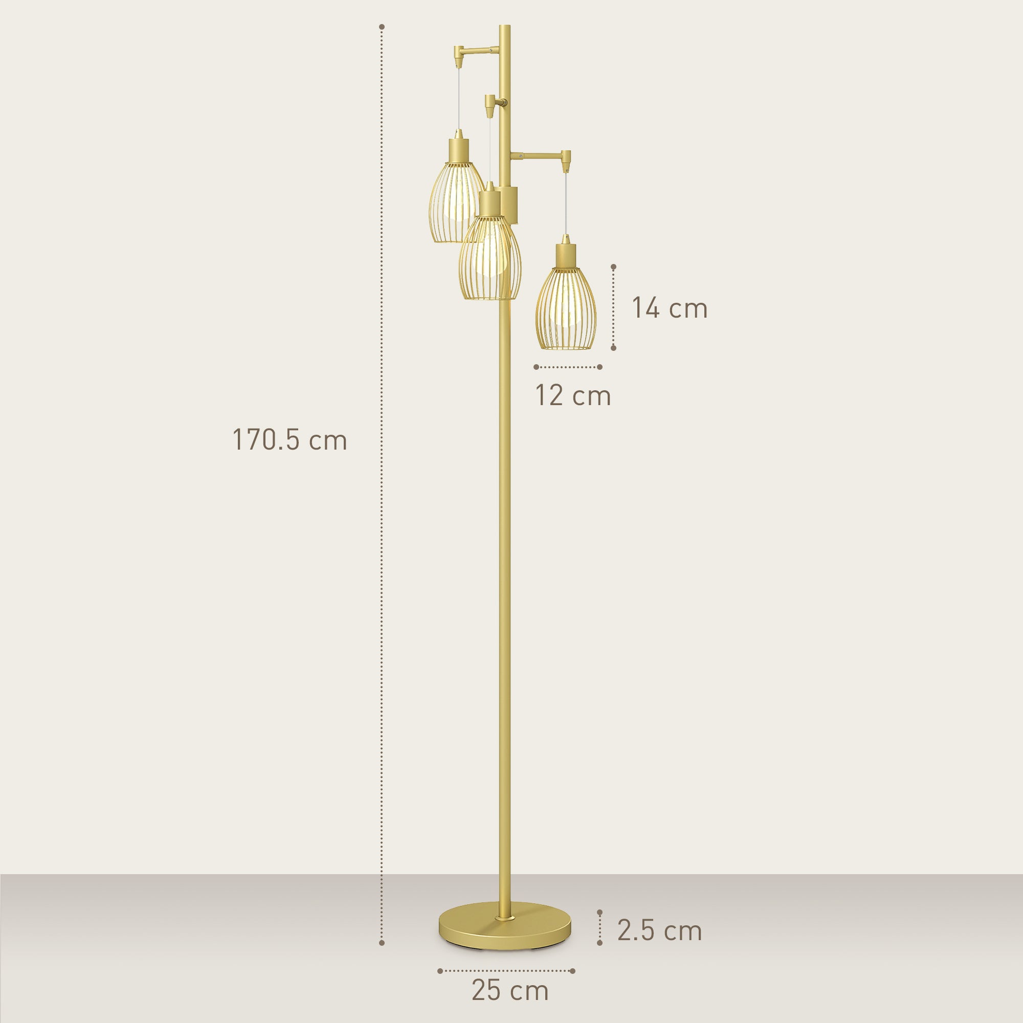 HOMCOM 170cm Industrial 3-Light Floor Lamp, Dimmable Standing Lamp with Steel Lampshades for Living Room, Bedroom, Dinging Room, Study, Gold Tone - North Peak Garden Furniture