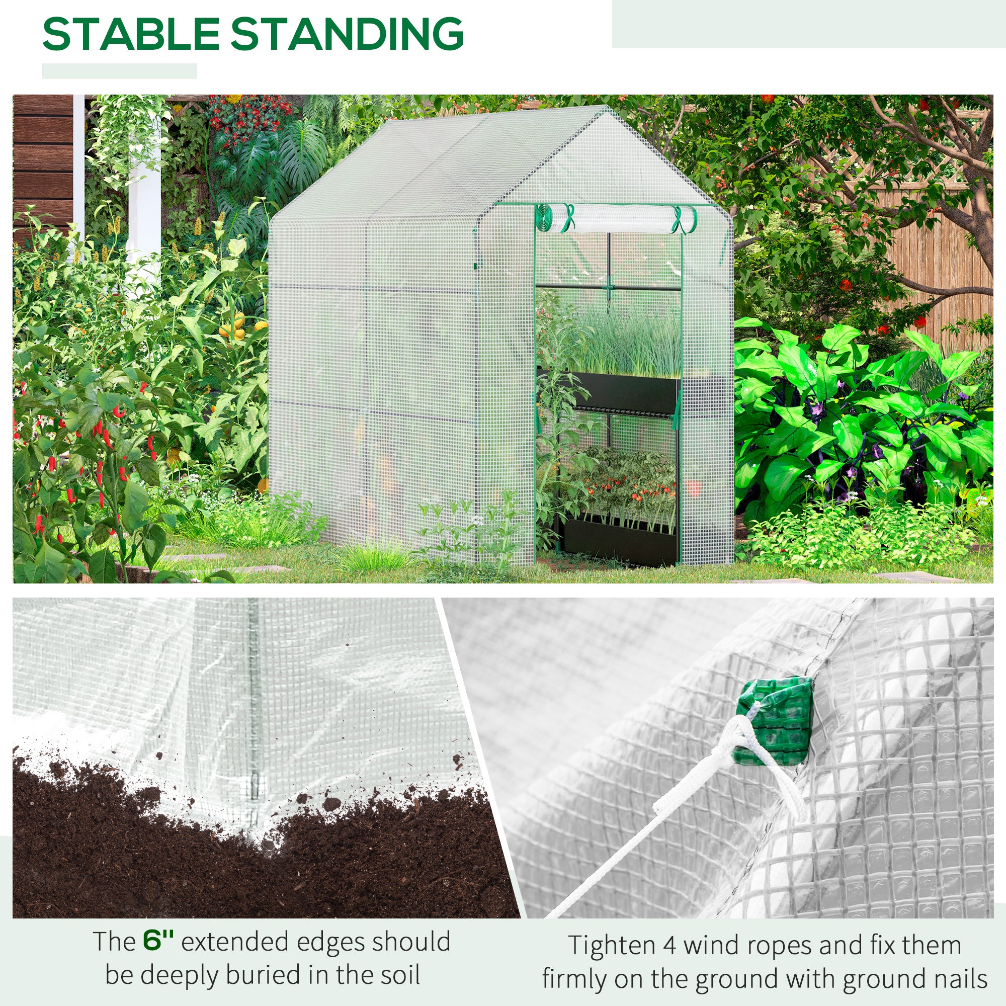 Outsunny Walk in Garden Greenhouse with 2-Tier Shelves Polytunnel Steeple Grow House 6 x 4 x 6ft White - North Peak Garden Furniture