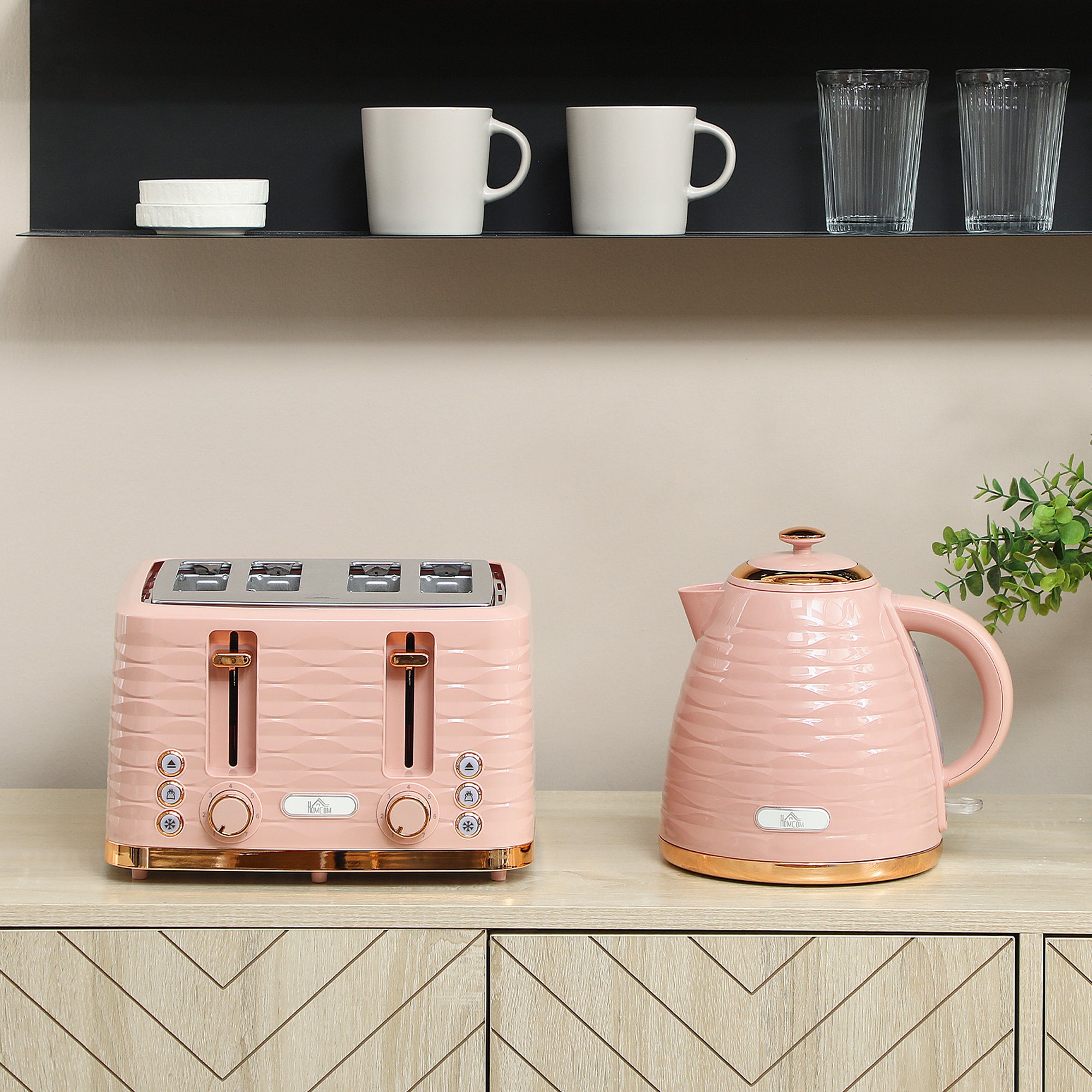HOMCOM 3000W 1.7L Kettle & 4 Slice Toaster, Kettle and Toaster Set with 7 Browning Controls and Crumb Tray, Light Pink