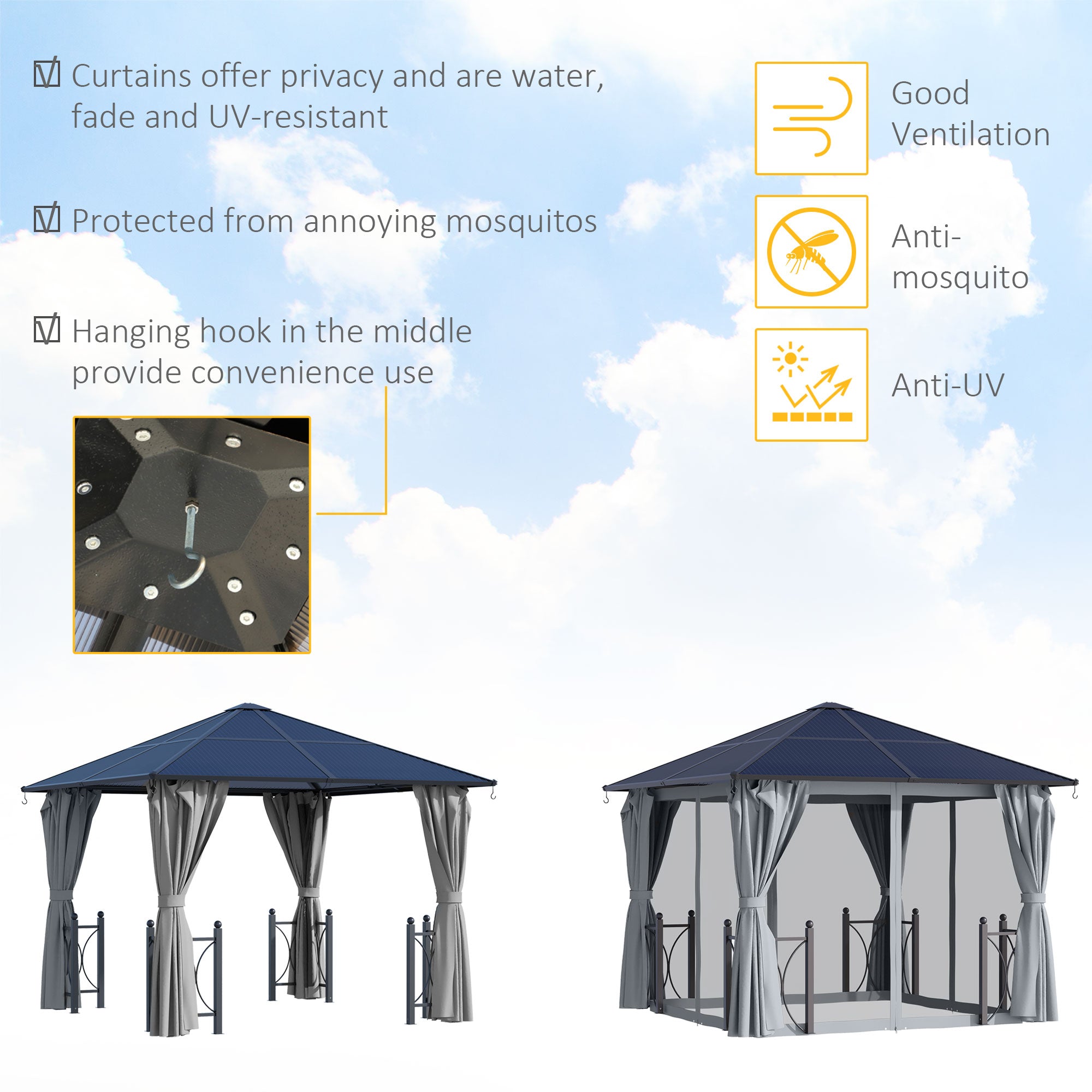 Outsunny 3 x 3(m) Hardtop Gazebo Canopy with Polycarbonate Roof, Steel & Aluminium Frame, Garden Pavilion with Mosquito Netting and Curtains, Black - North Peak Garden Furniture