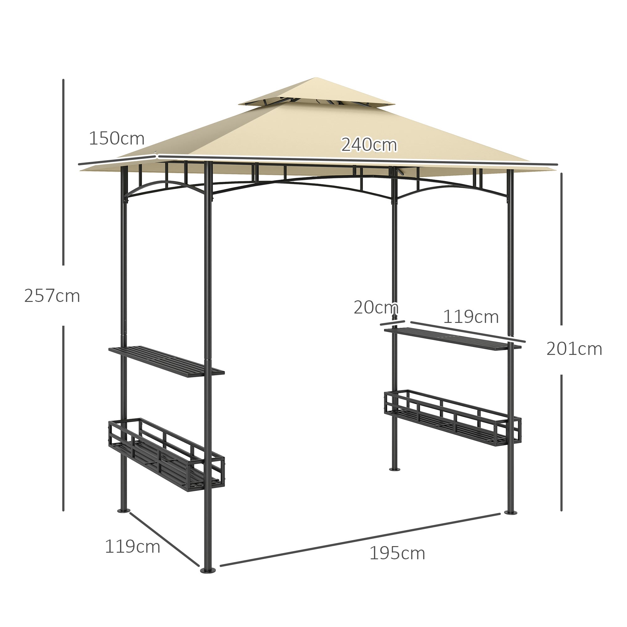 Outsunny 8' x 5' Grill Gazebo Canopy, Double Tiered Outdoor BBQ Gazebo Shelter with 2 Side Shelves, Storage Baskets, Hook for Garden, Patio, Barbecue, Picnic, Beige - North Peak Garden Furniture