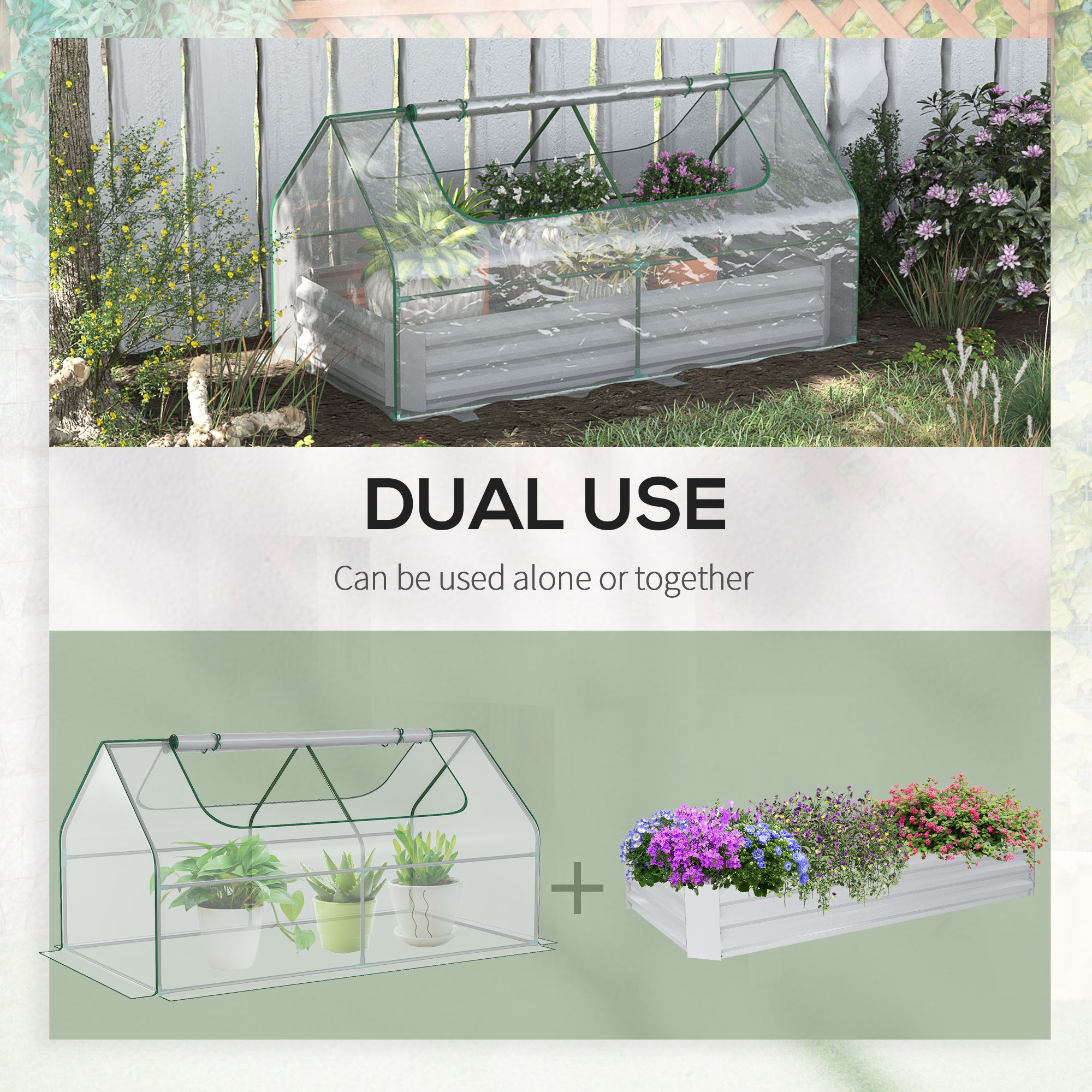 Outsunny Raised Garden Bed with Greenhouse, Steel Planter Box with Plastic Cover, Roll Up Window, Dual Use for Flowers, Vegetables, Fruits and Herbs, 185L x 95W x 92H cm, Clear - North Peak Garden Furniture