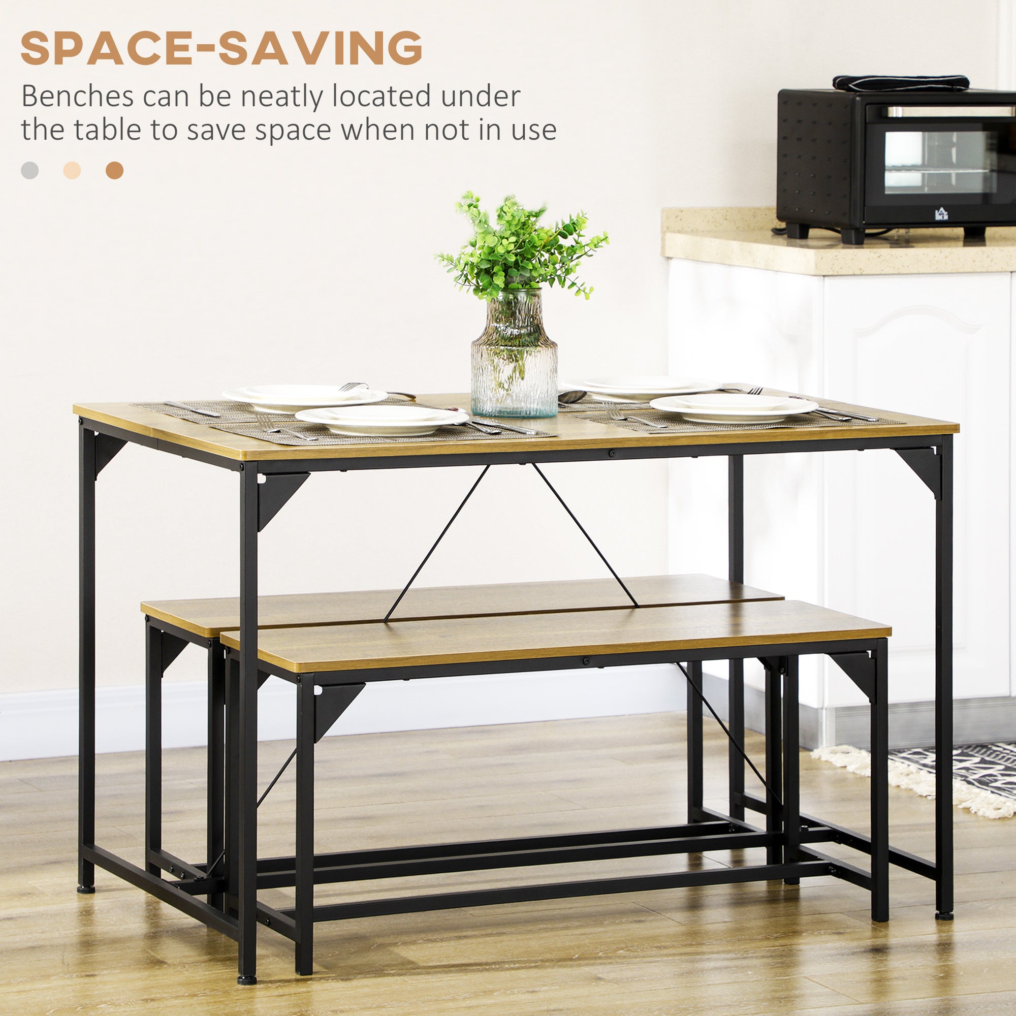 HOMCOM Dining Table and Bench Set for 4, Kitchen Table with 2 Benches, Space Saving Dining Room Sets, Natural - North Peak Garden Furniture