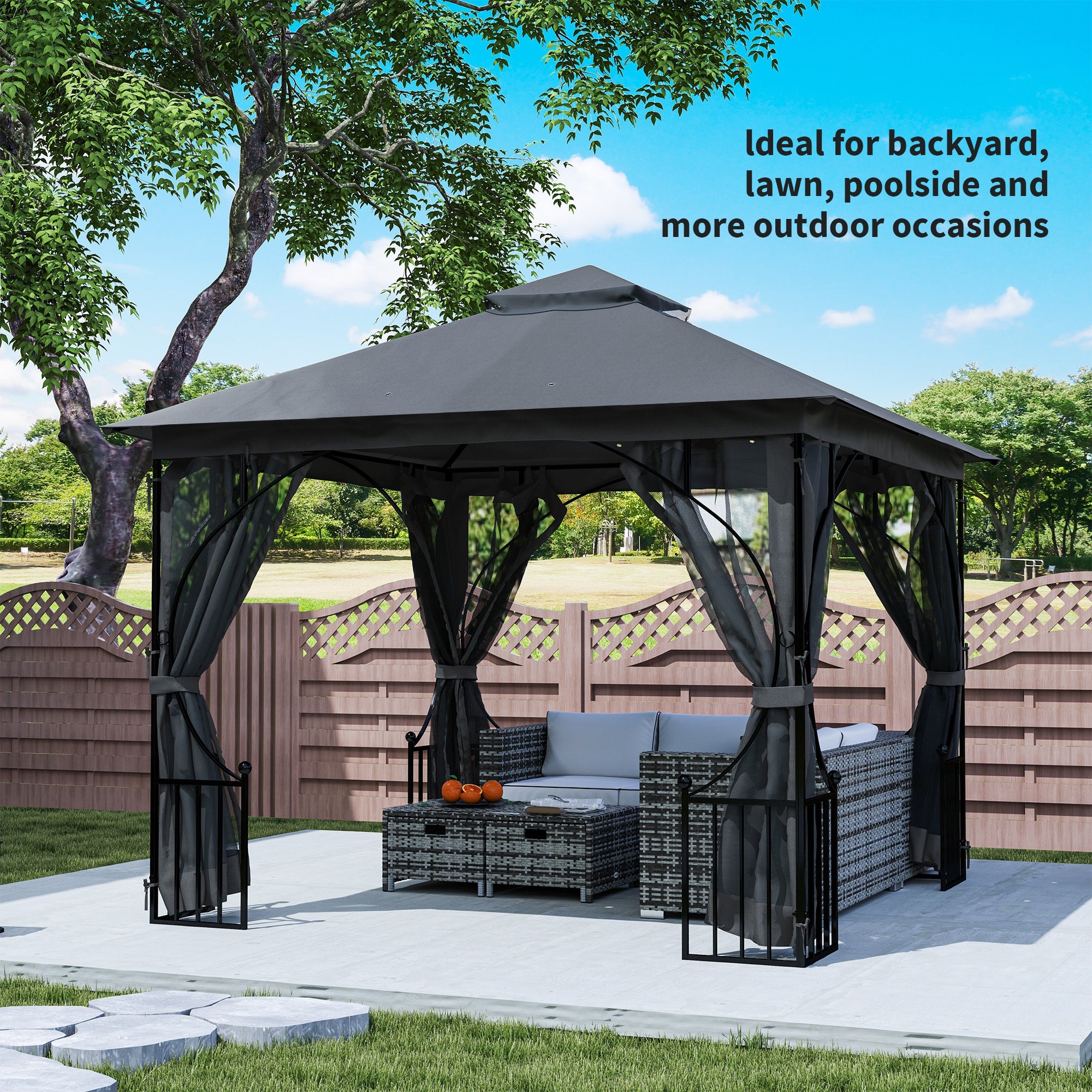 Outsunny 3 x 3(m) Garden Gazebo Patio Party Tent Shelter Outdoor Canopy Double Tier Sun Shade Metal Frame Netting, Dark Grey - North Peak Garden Furniture