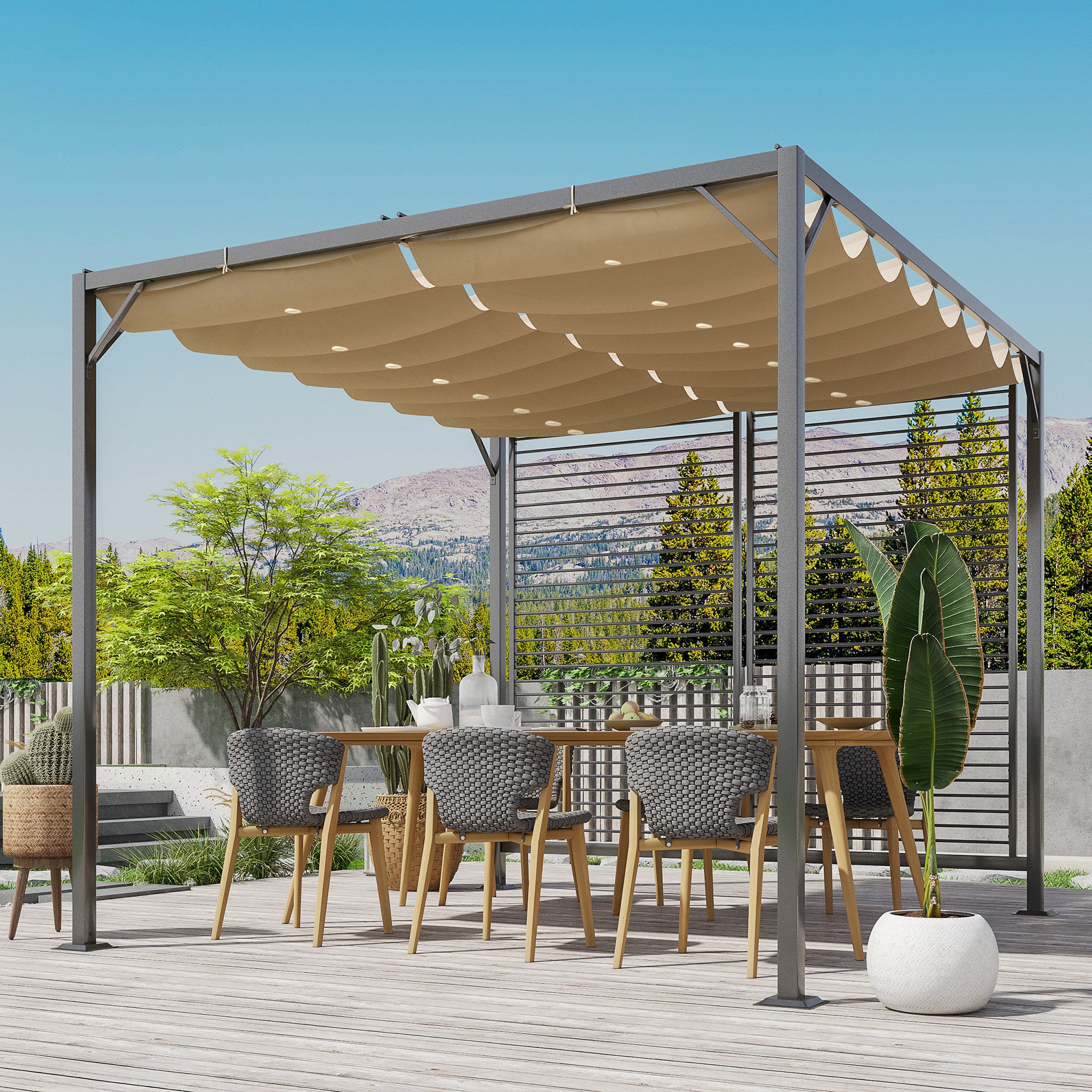 Outsunny 3 x 2.8m Metal Pergola, with Retractable Fabric Roof - Beige - North Peak Garden Furniture