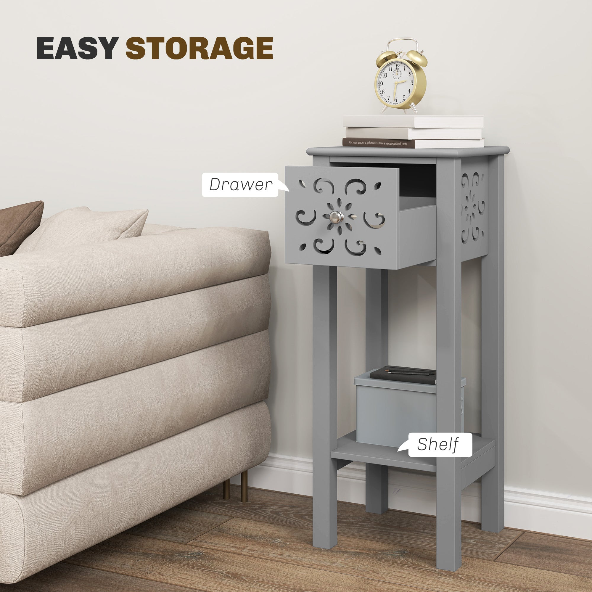 HOMCOM Set of Two Elegant Floral Cut-Out Side Tables - Grey - North Peak Garden Furniture