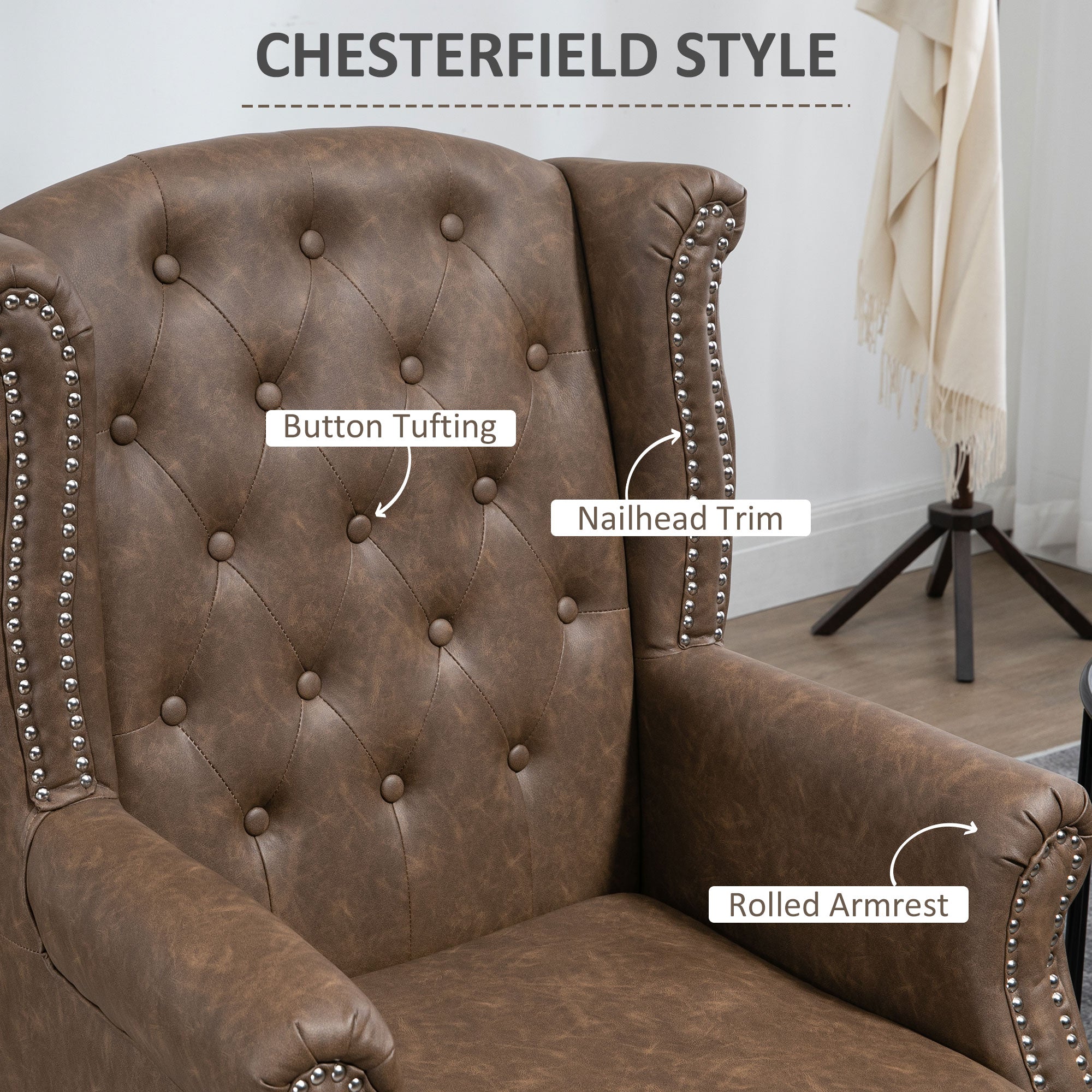 HOMCOM Wingback Accent Chair Tufted Chesterfield-style Armchair with Nail Head Trim for Living Room Bedroom Brown - North Peak Garden Furniture