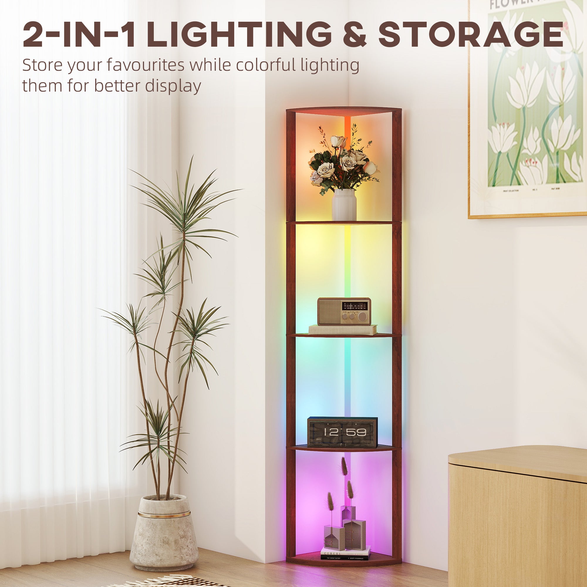 HOMCOM RGB LED Floor Lamp with Shelves, 5-Tier Dimmable Standing Lamp with Adjustable Brightness and Remote Control, Modern Corner Display Shelf Unit for Living Room Bedroom Office, Brown