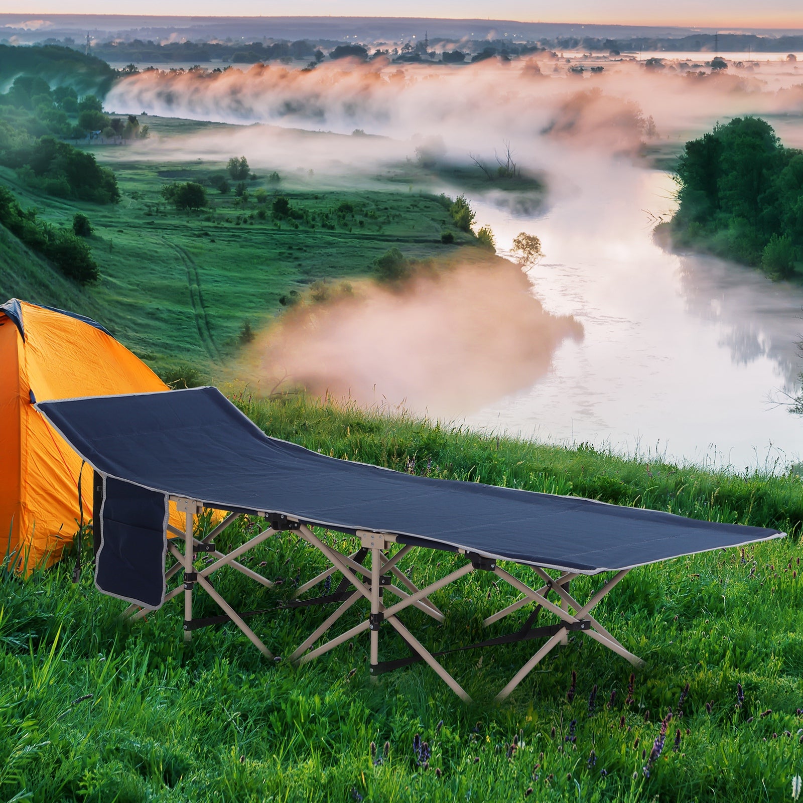 Outsunny Single Person Camping Bed Folding Cot Outdoor Patio Portable Military Sleeping Bed Travel Guest Leisure Fishing with Side Pocket and Carry Bag - Blue - North Peak Garden Furniture