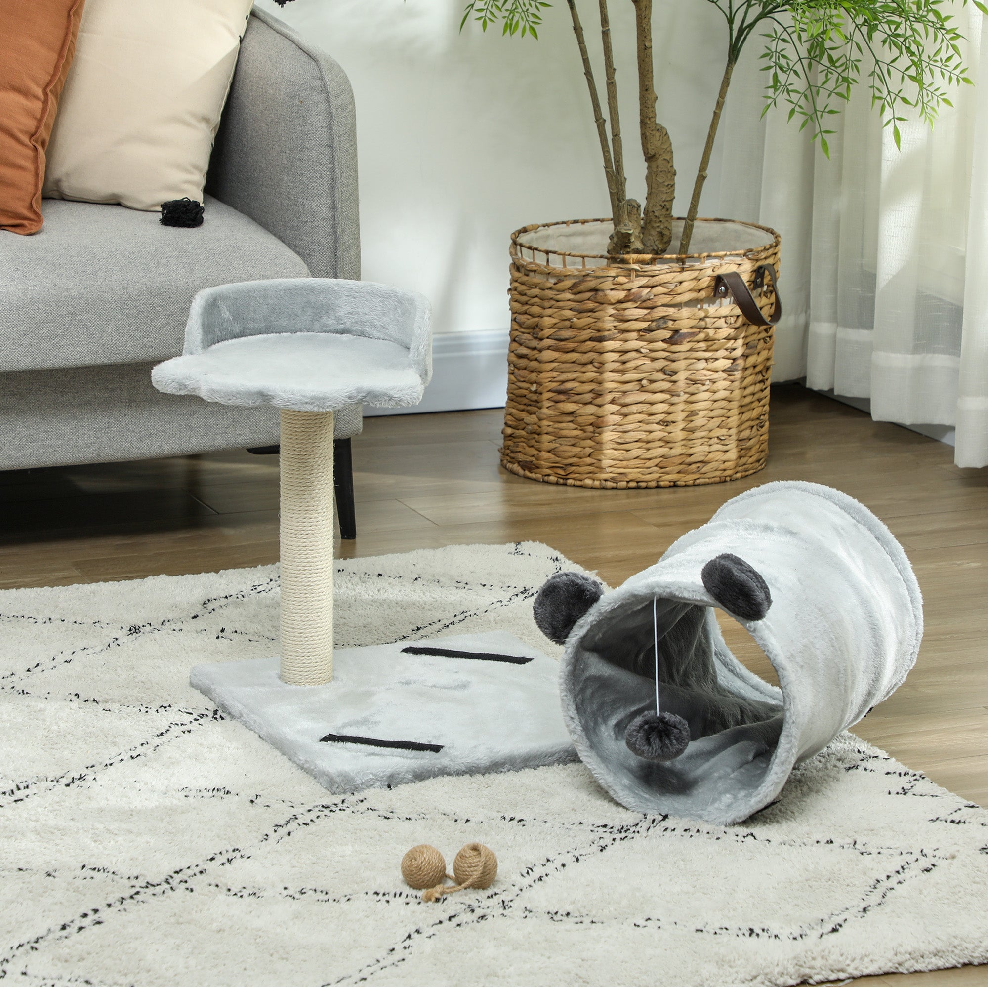 PawHut 47cm Small Cat Tree w/ Scratching Post, Bed, Cat Tunnel, Toy Ball, Grey - North Peak Garden Furniture