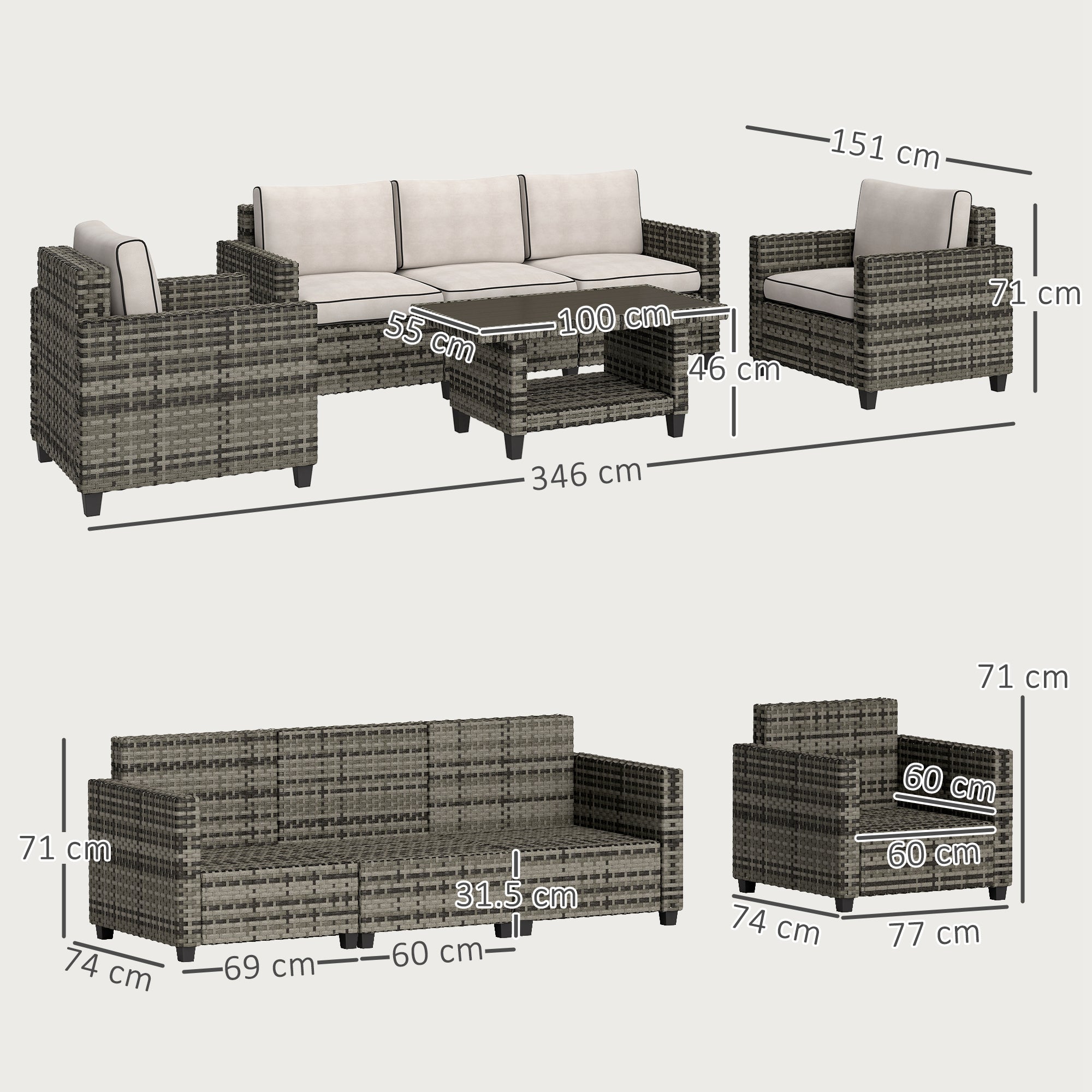 Outsunny Six-Piece Modular Rattan Sofa Set - Light Grey - North Peak Garden Furniture