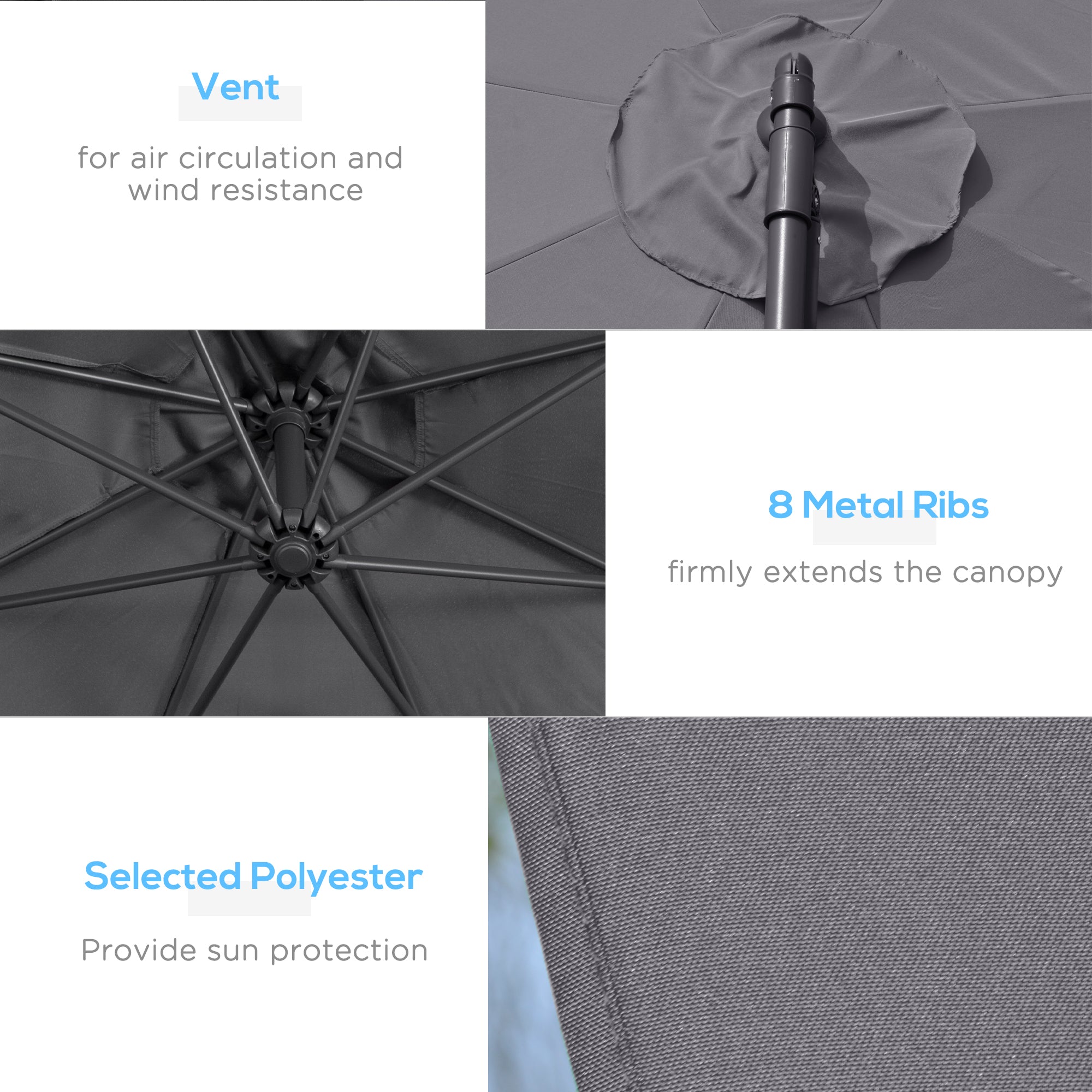 Outsunny 3(m) Garden Parasol Sun Shade Patio Banana Hanging Umbrella Cantilever with Crank Handle and Cross Base Grey - North Peak Garden Furniture