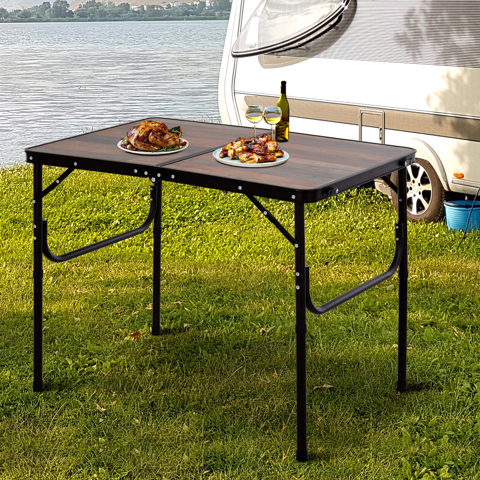 Outsunny Folding Camping Table, 3ft Height Adjustable, MDF, Portable for Outdoor Activities, Cream.