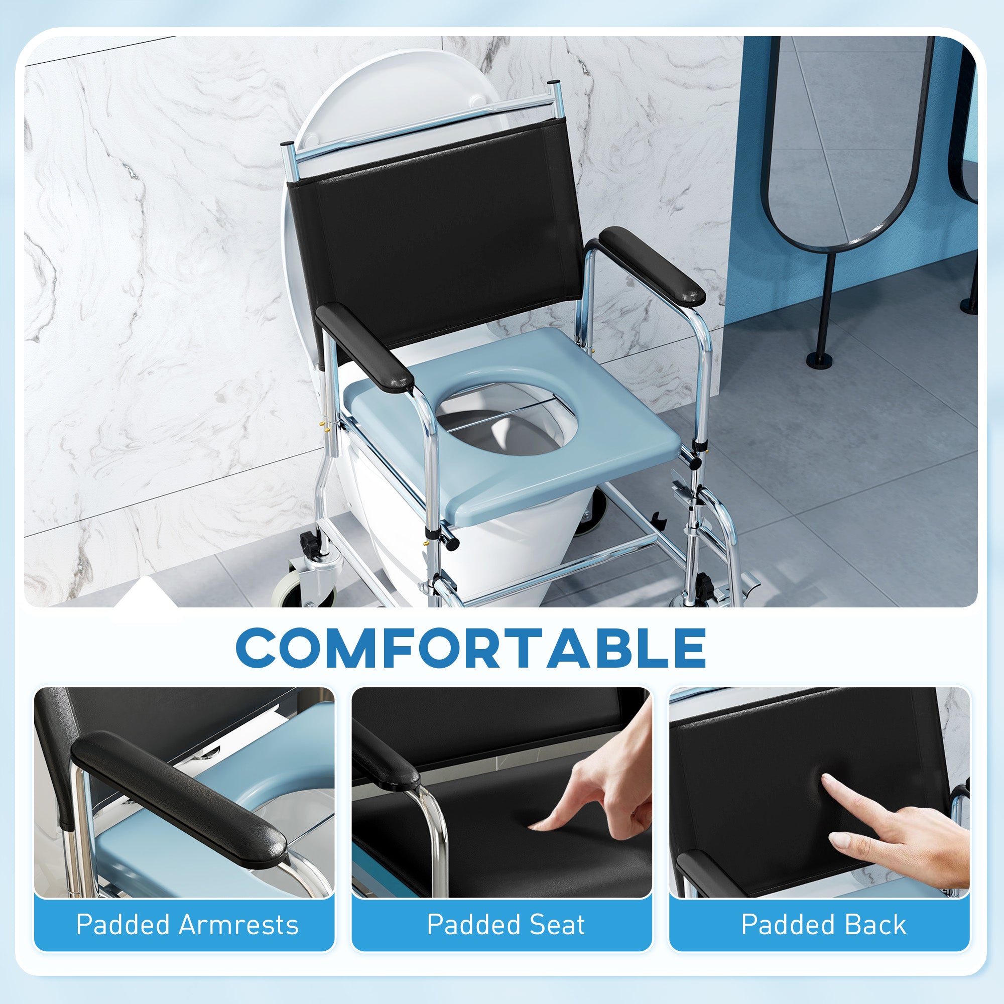 HOMCOM 3-In-1 Commode Wheelchair - Black - North Peak Garden Furniture